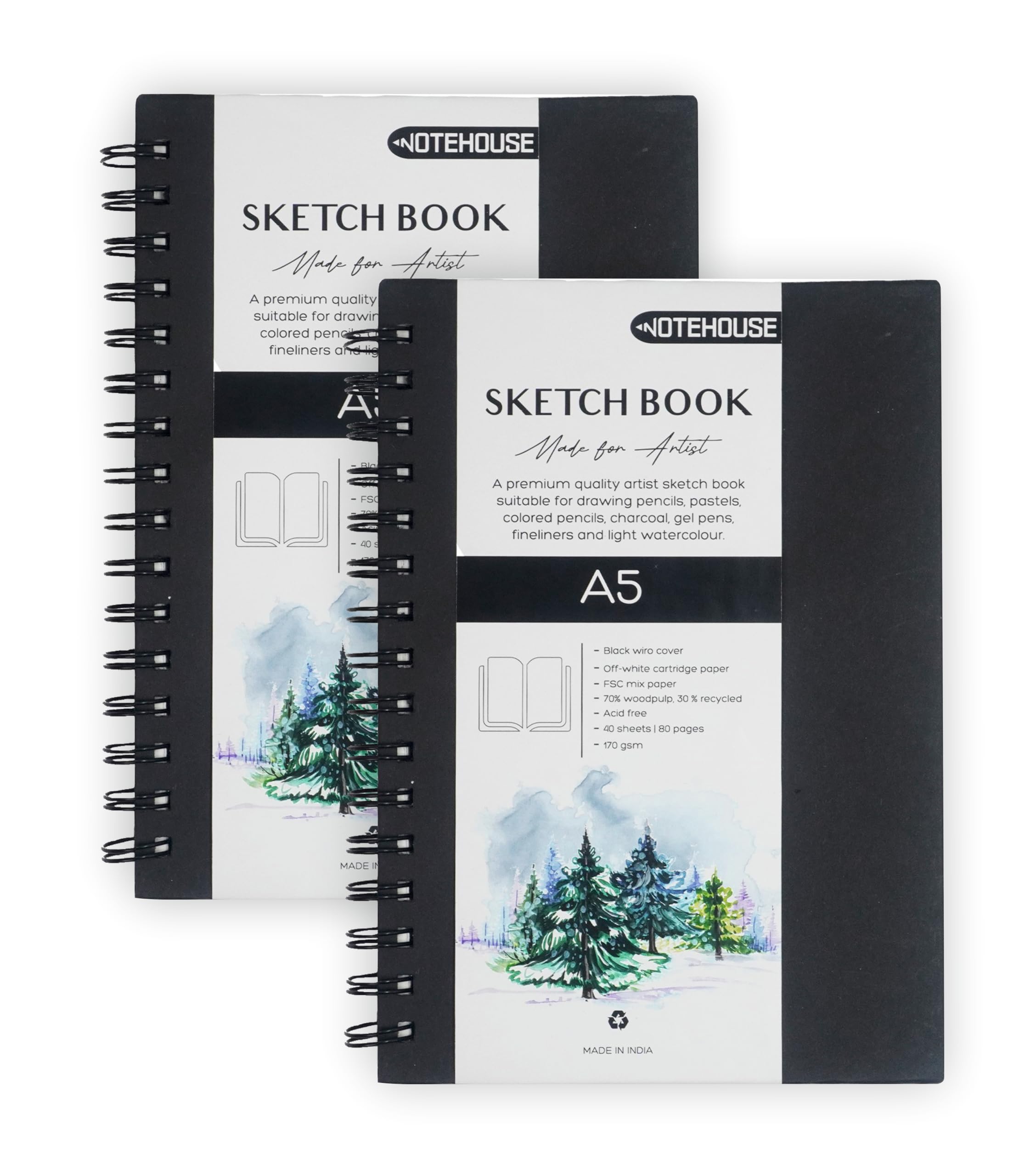 NOTEHOUSE A5 Sketchbook 170 GSM, 80 Pages Spiral-Bound Drawing Notebook, Thick & Smooth Professional-Grade Premium Acid- Free Unruled Artbook for Artist Painting (Black, 14x21 cm) (B0DBHVNWXL) Amazon Price History, Amazon Price Tracker