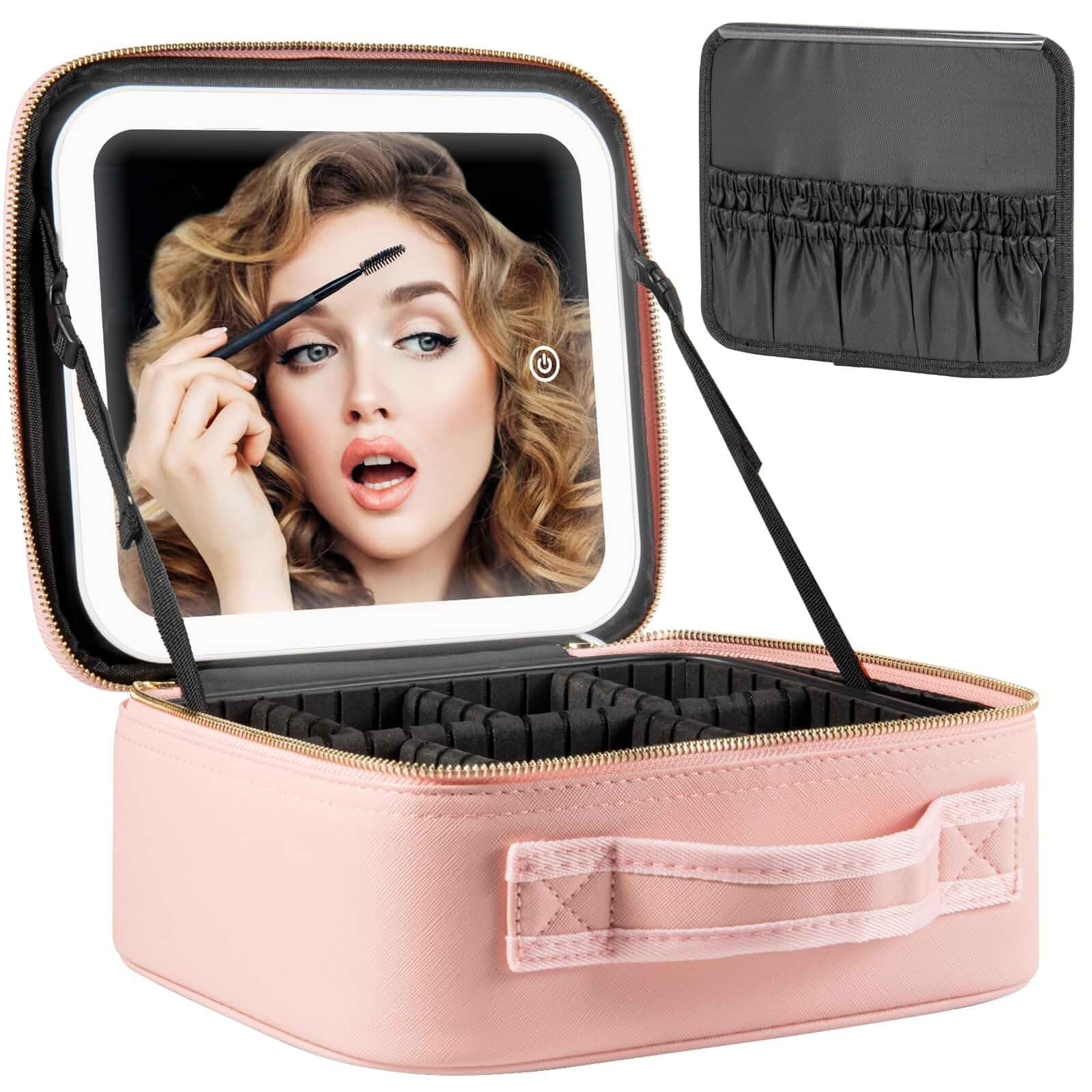 Extrei Gent Makeup Travel Train Case with Mirror LED Light 3 Adjustable Brightness Large Cosmetic Bag Portable Storage Adjustable Partition Waterproof Makeup Brushes Make up Jewelry Gift for WomenSolid