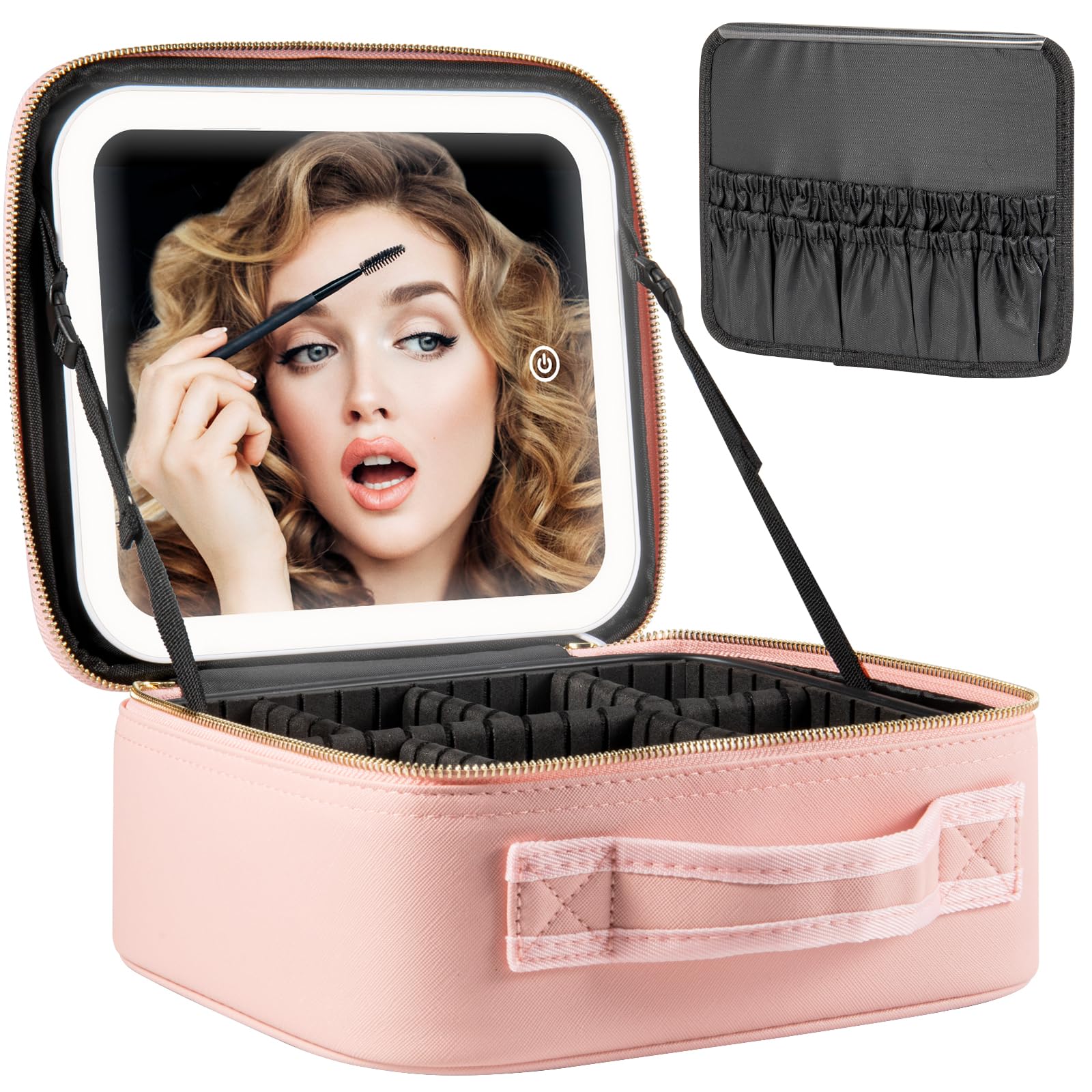 Extrei Gent Makeup Travel Train Case with Mirror LED Light 3 Adjustable Brightness Large Cosmetic Bag Portable Storage Adjustable Partition Waterproof Makeup Brushes Make up Jewelry Gift for Women
