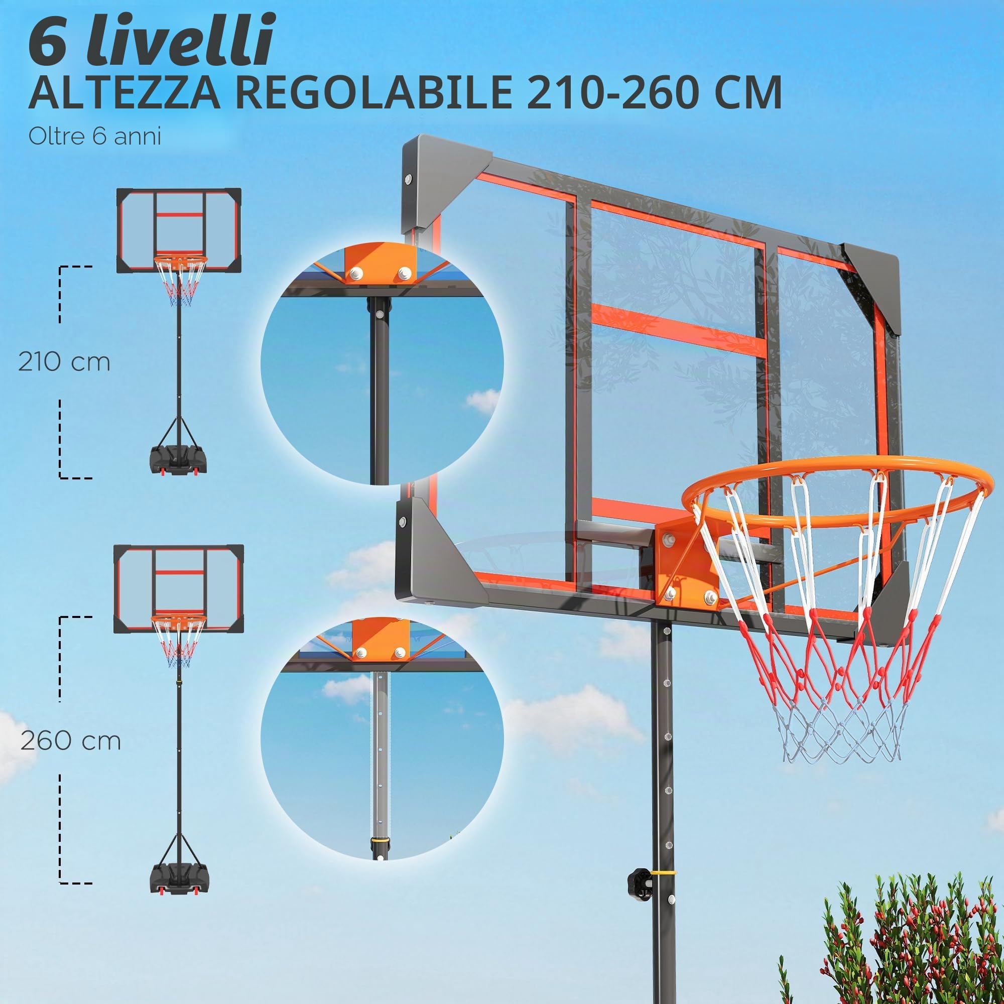 Canestro da esterno per bambini AIYAPLAY, supporto per pallacanestro regolabile in altezza da 210 a 260 cm con ruote, sistema di pallacanestro con supporto per bambini a partire dai 6 anni, rosso