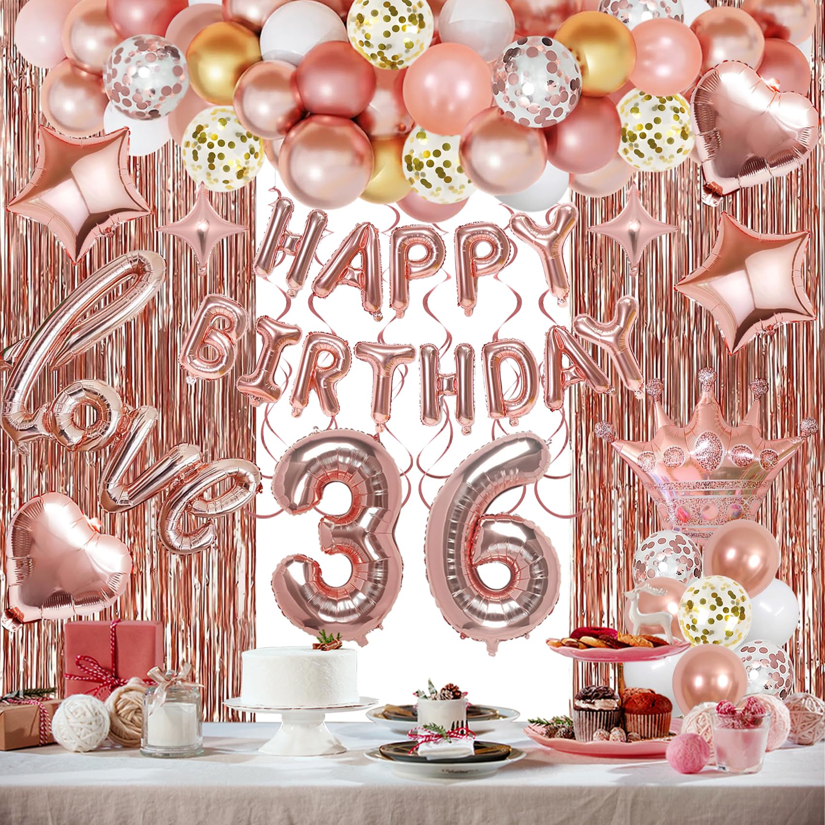 Miidenks 36th Birthday Decorations for Women Girls Rose Gold, Rose Gold Happy Birthday Banner, Fringe Curtains, Foil Balloons, Hanging Swirls for Women Girls 36 Birthday Party Decorations