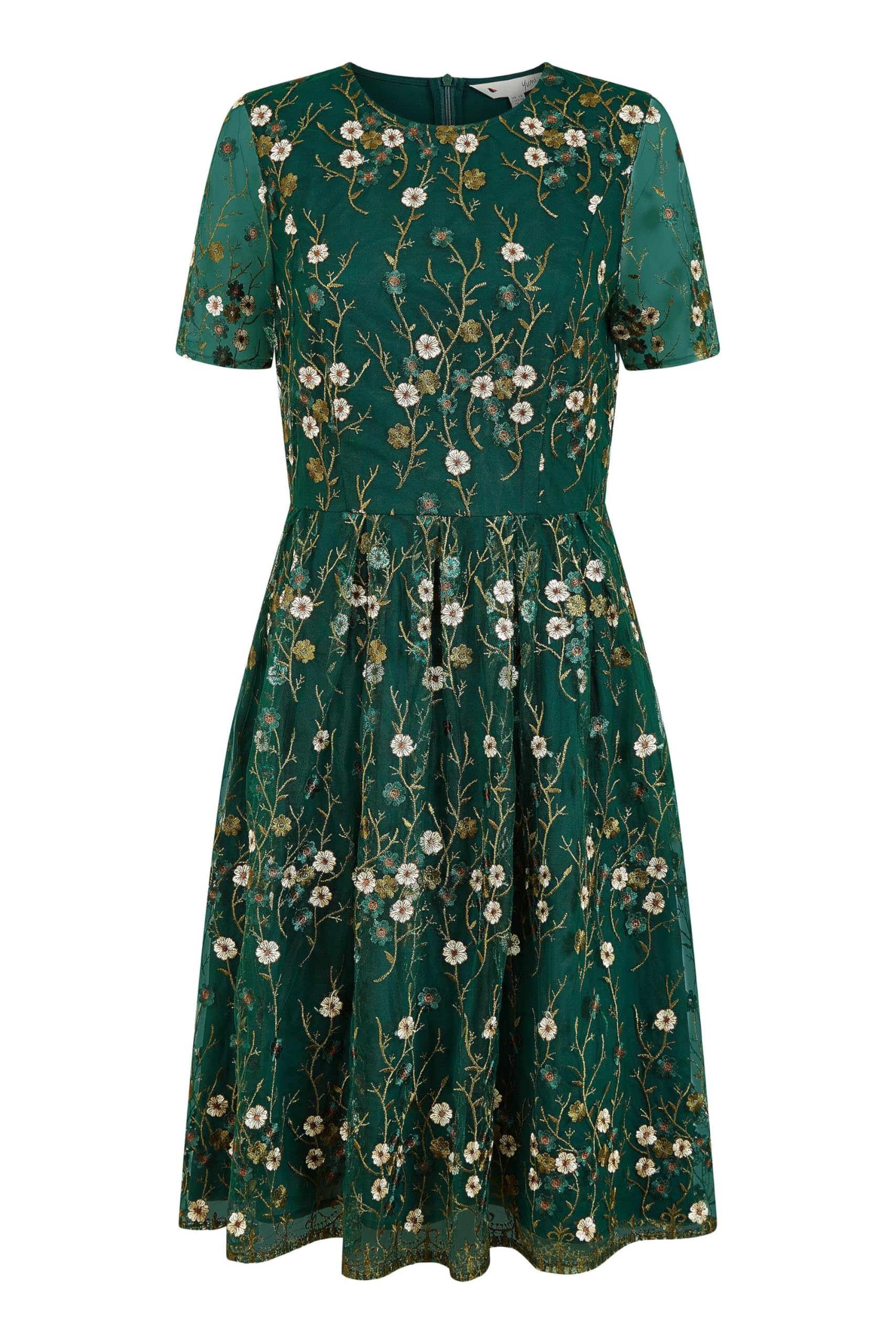 Yumi Women's Green Embroidered Floral Skater Dress Size 14