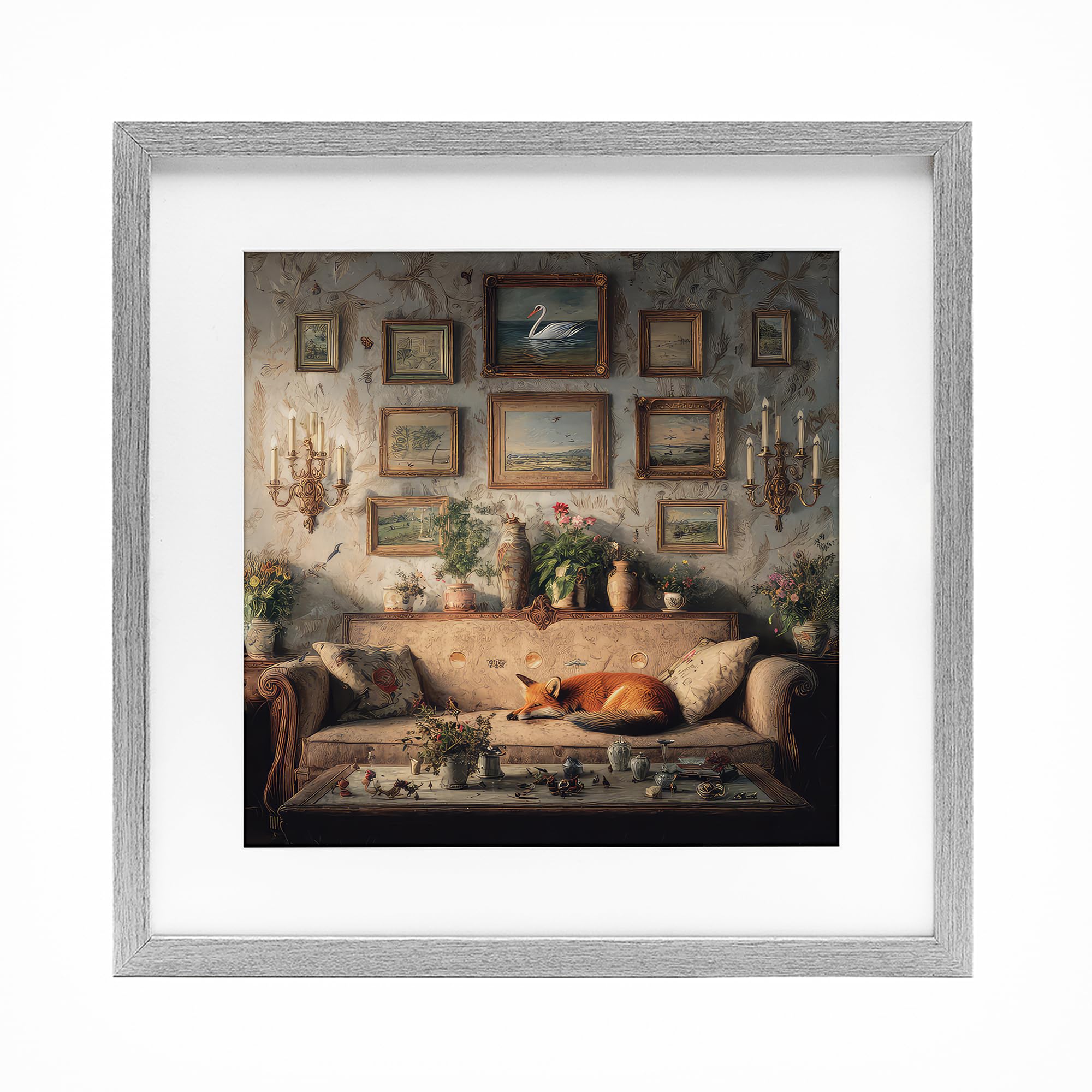 Stupell Industries Farmhouse Gray (Textured) 'Vintage Parlor With Fox'| Framed Print Under Glass