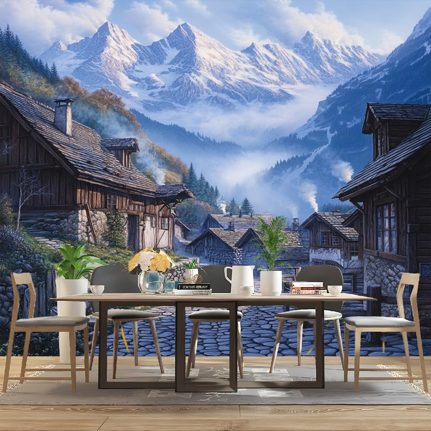 Tapeta ścienna 400 x 280 cm, poranna mgła, śnieg, góra, miasto, tapeta z włókniny, niebieska, pyłoszczelna, panoramiczny, plakat do pokoju dziecięcego, sypialni, salonu, plakat ścienny