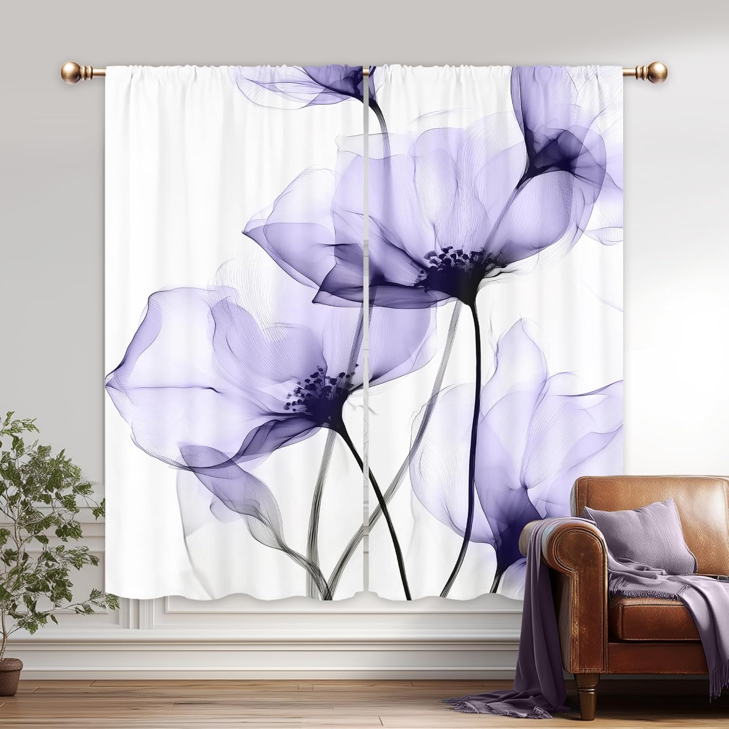 Purple Ink Floral Curtains for Bedroom 42Wx63H Inch Rod Pocket Watercolor Flower Minimalist Farmhouse 3D Painting Texture Chic Rustic Elegant 2 Panel Window Treatment Set for Living Room Decor
