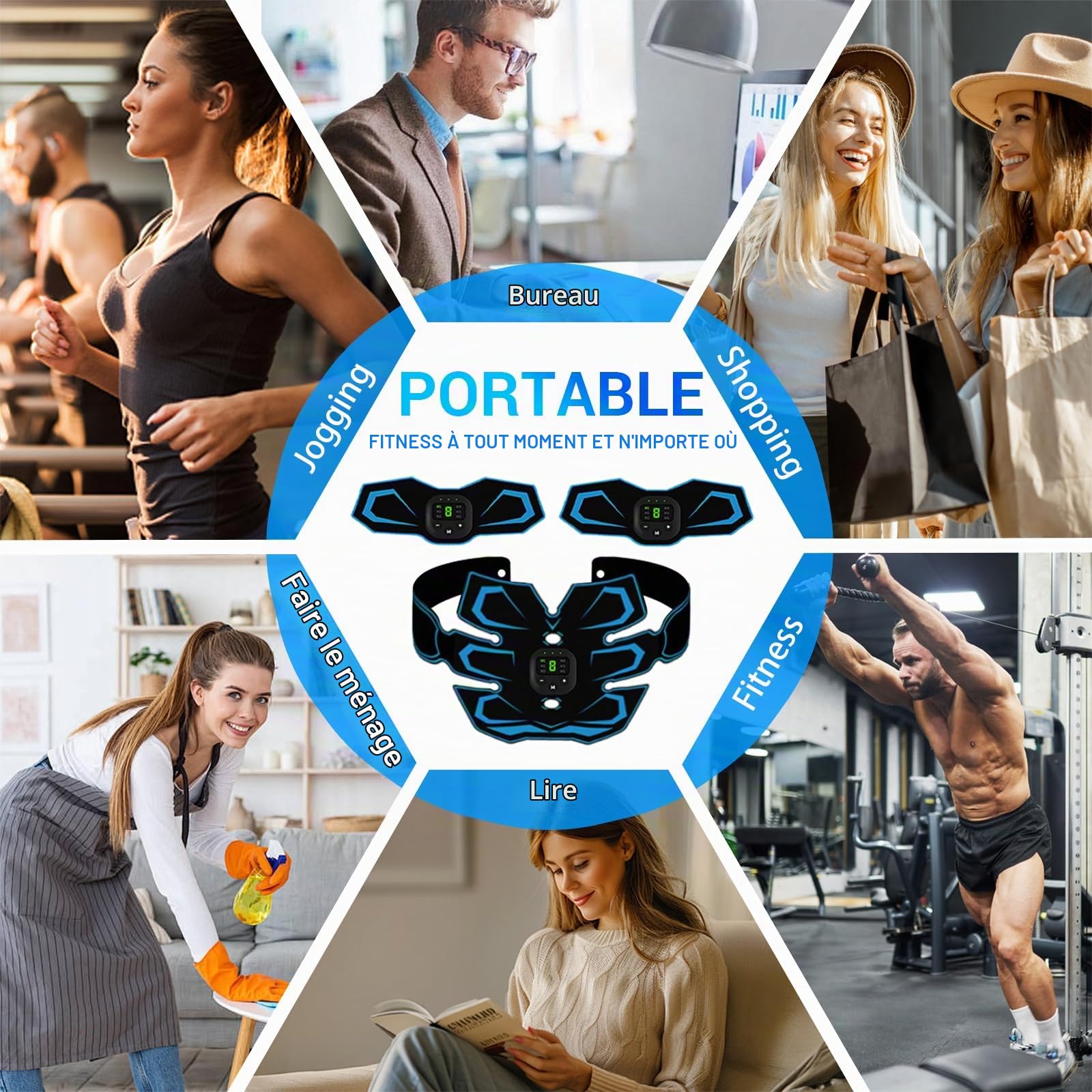 EMS Electrostimulateur Musculaire, Stimulateur Musculaire, 6 Modes et 19 Intensités Ceinture Musculation Electrostimulation, pour Abdos/Bras/Jambes/Fesses, Homme Femme