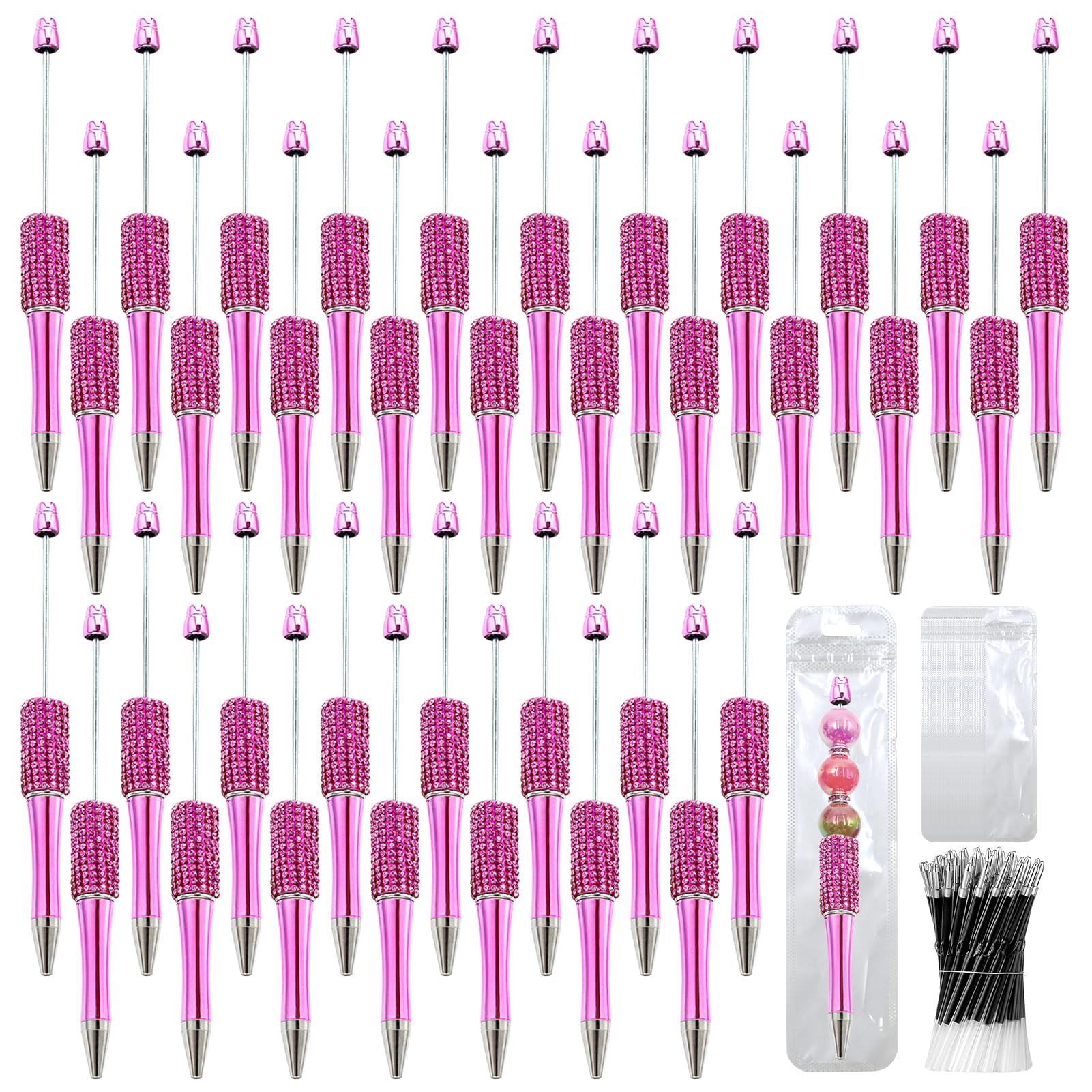 150 Pcs DIY Diamond Beadable Pen Kit - 50 Plastic Rhinestone Beaded Pens Bulk with Refills &amp; Bags - Fancy Cute Glitter Pens for Crafting, Students &amp; Teachers – School Supplies (Rose Red)