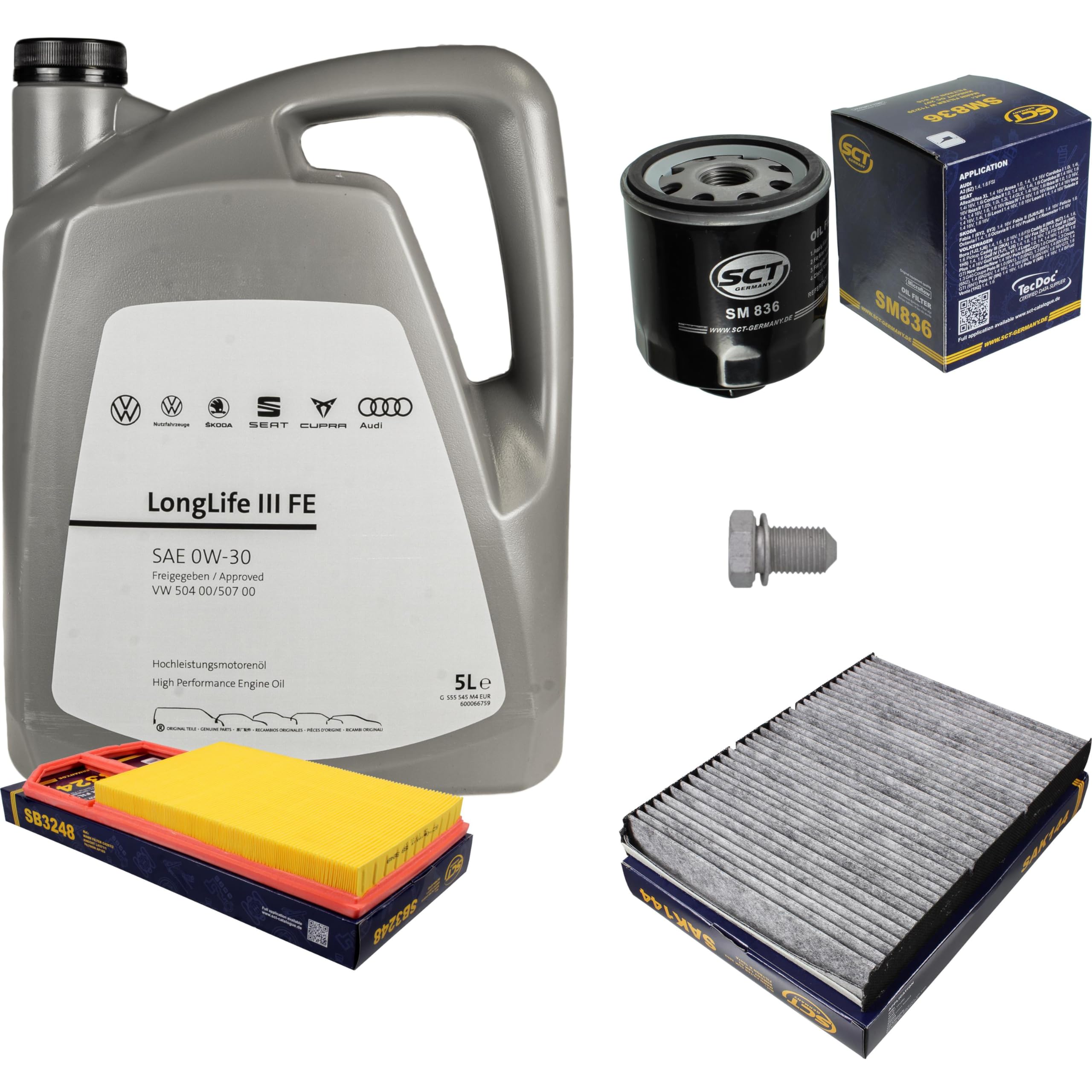 Pacchetto di ispezione pacchetto di manutenzione filtro con 5 l 0W-30 olio motore LongLife 3 FE, filtro dell'olio, filtro dell'aria abitacolo (carbone attivo) vite di scarico dell'olio