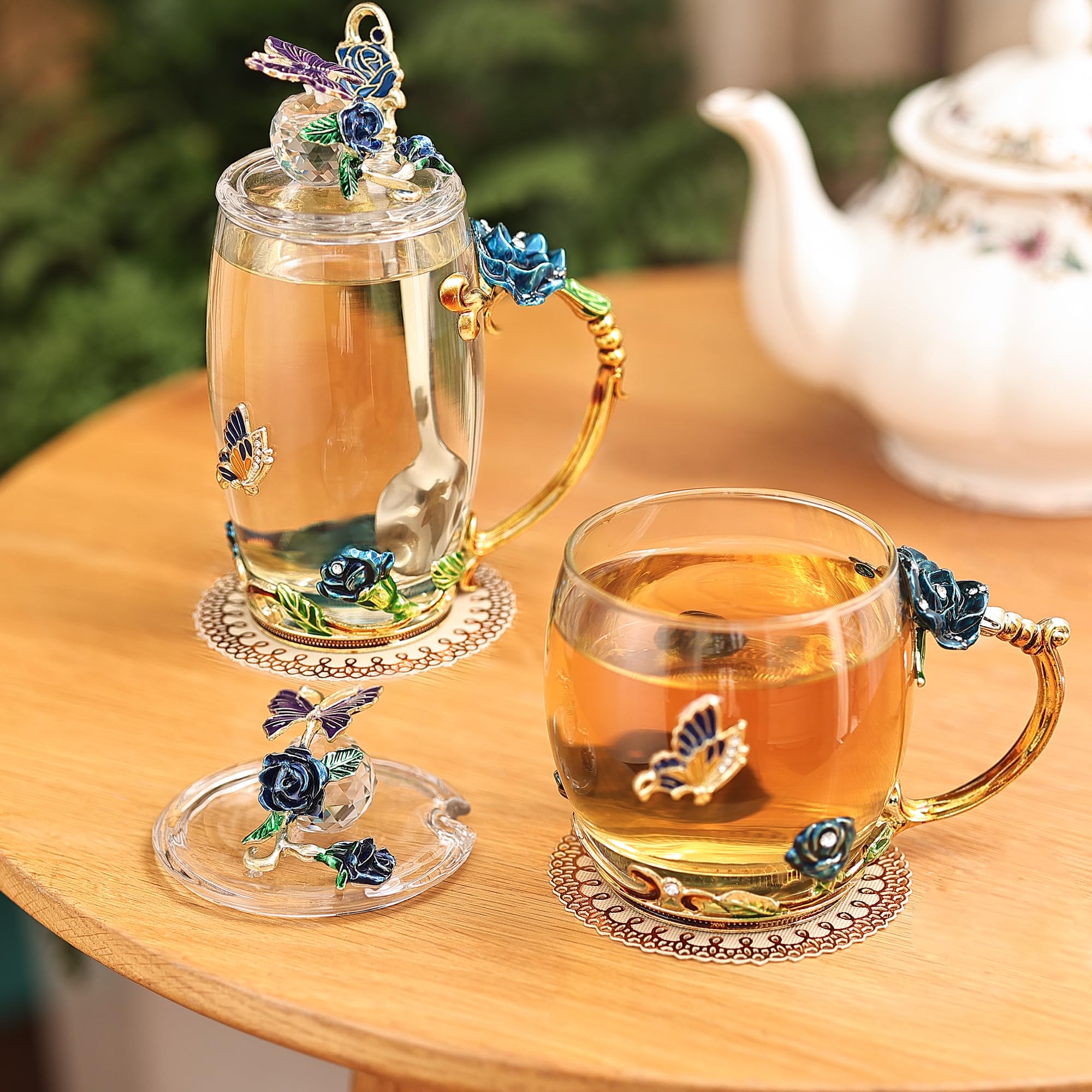Ensemble de tasses à thé en émail avec cuillère et couvercle, tasse à café en verre, cadeau de fête des mères, mariage, anniversaire, remise de diplôme, Saint-Valentin, Noël pour femme, épouse, amie,
