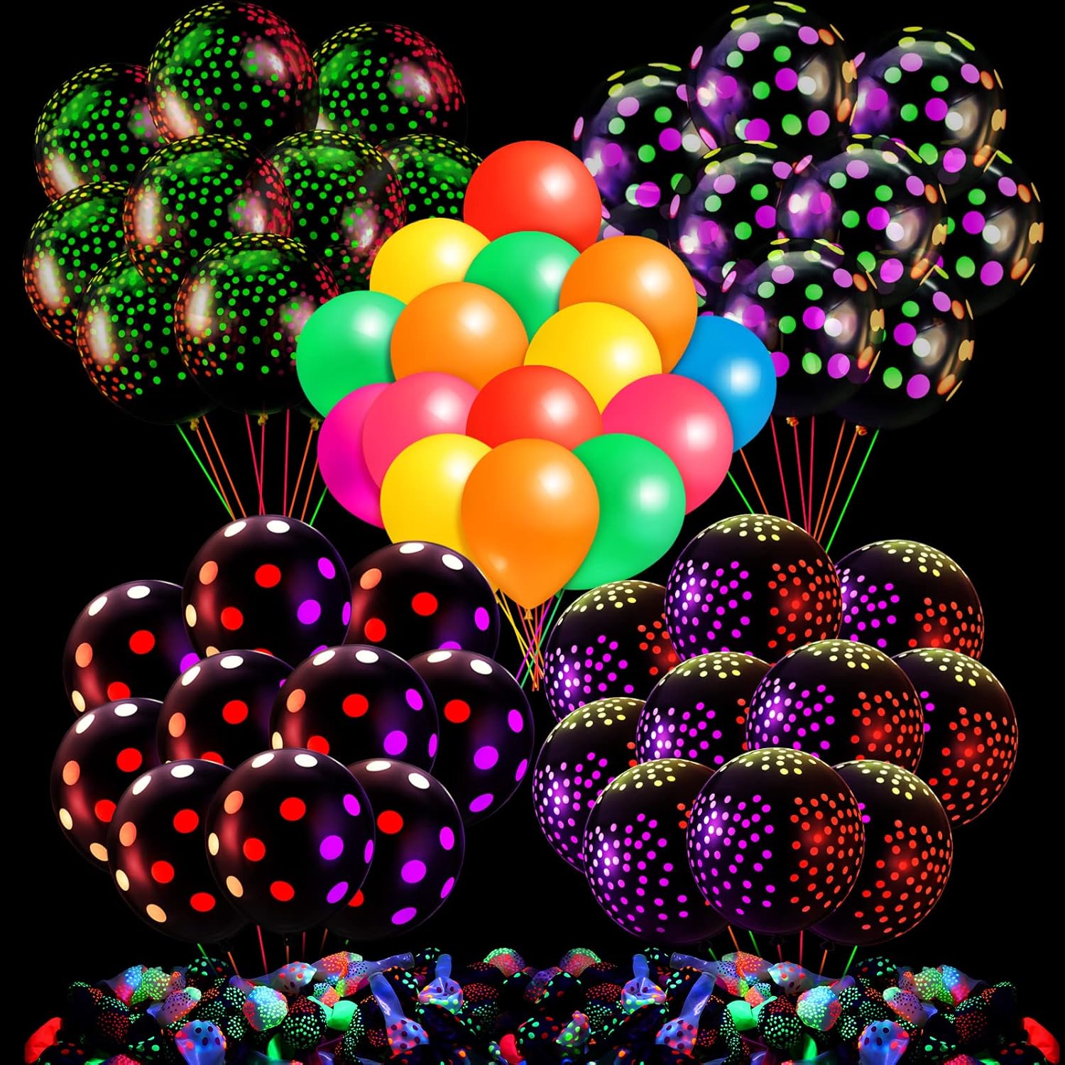300 Pcs UV Neon Polka Dots Balloons 12 Inch Blacklight Glow