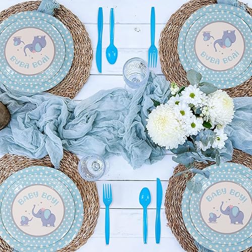 Miniatura 4 de 201 piezas de decoración de baby shower de elefante azul para niños, suministros de fiesta de cumpleaños para bebé, mantel, platos de papel,
