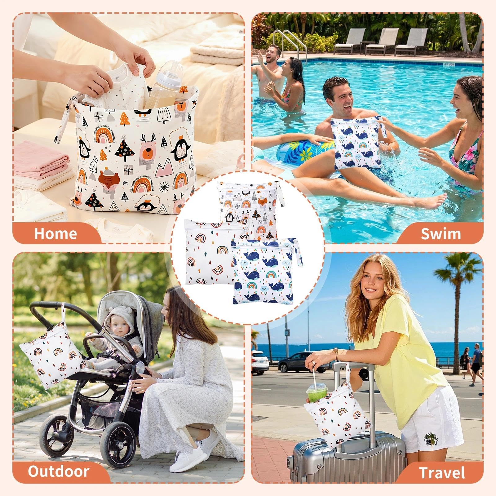 3 Piezas Bolsa Impermeable Bebe, Bolsa Reutilizable para Pañales de Tela, Bebé Reutilizable Impermeabilizan Bolsa con Cremallera para Nadar Fitness Acampar - 30x28,5 cm (Ballena,Arcoíris,Pingüino)