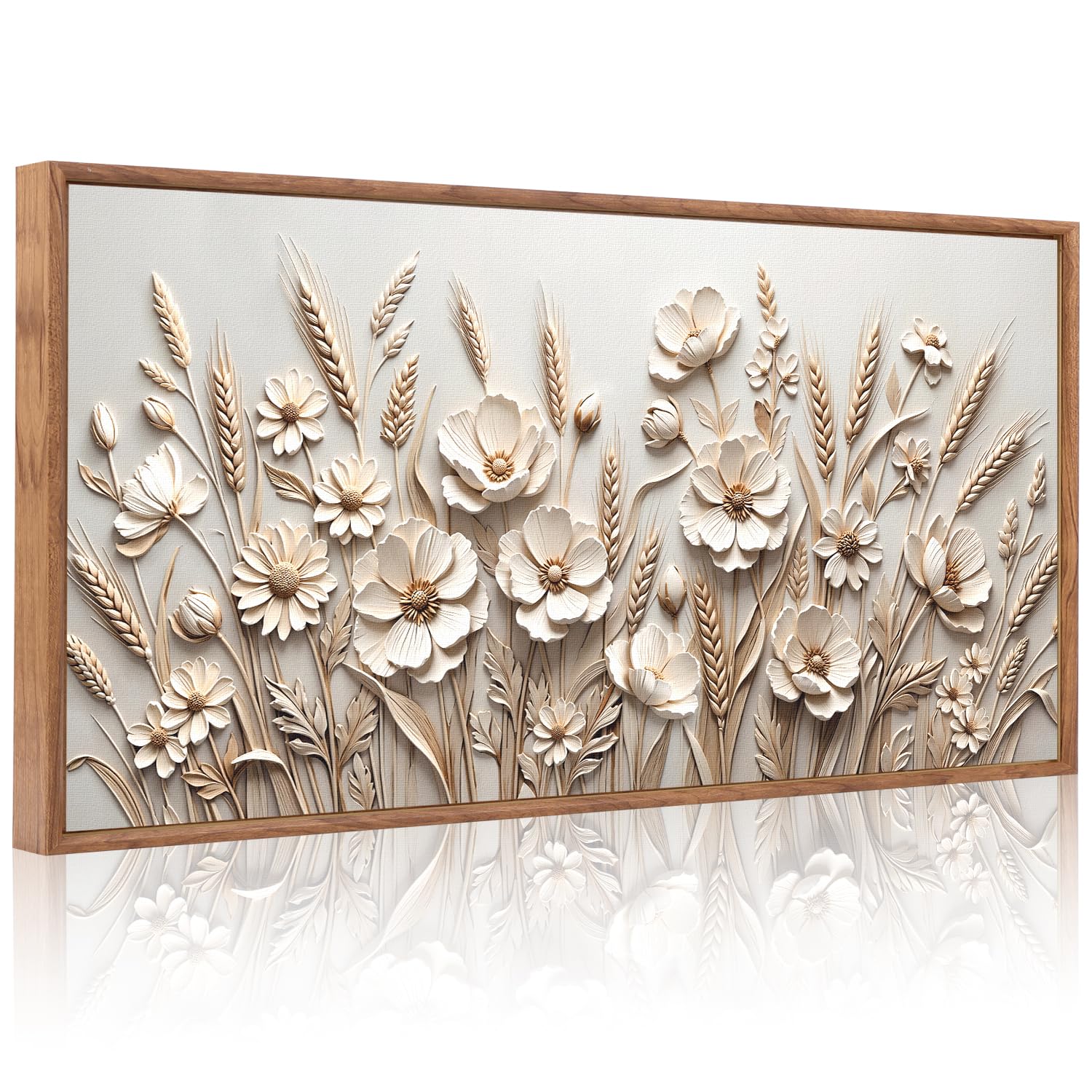 CHDITB 3D Textured Sculptural Wheat Bloom Framed Canvas Wall Art, Neutral Beige Rustic Wall Decor, Modern Minimalist Floral Relief Art Print for Living Room Hal