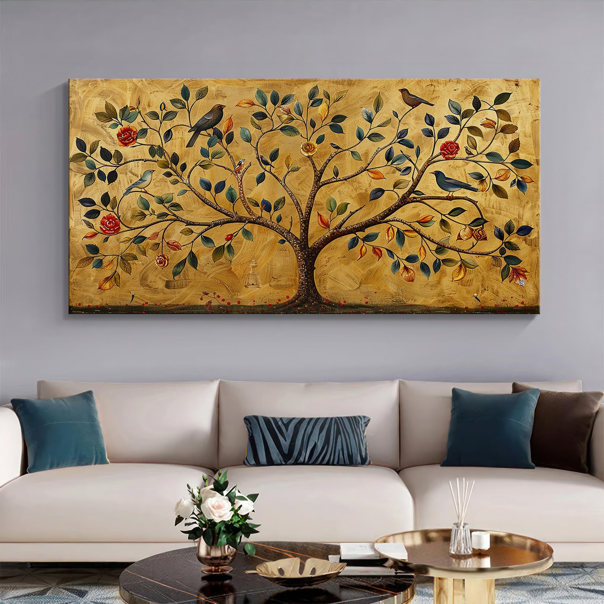 999STORE Golden Tree of Life Canvas Painting - 24x48 Inches Framed Art, Elegant Symbolic Wall Decor (FLP24480717)