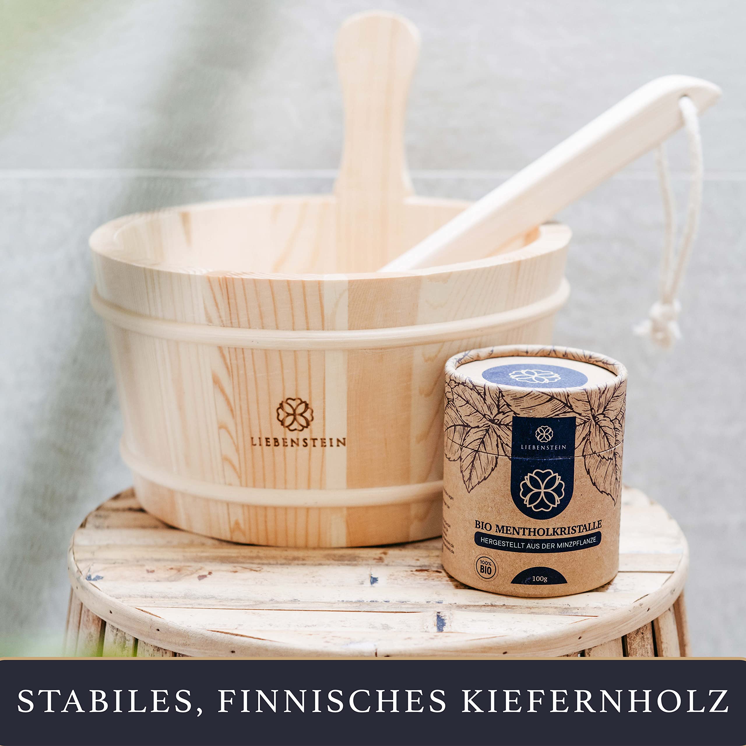 Liebenstein® Sauna Eimer mit Kelle [4L] – handgefertigt aus finnischem Kiefernholz – hochwertiges Sauna Zubehör Set – bestehend aus Saunaeimer, Saunakelle und Schutzeinsatz – Dein Sauna Set