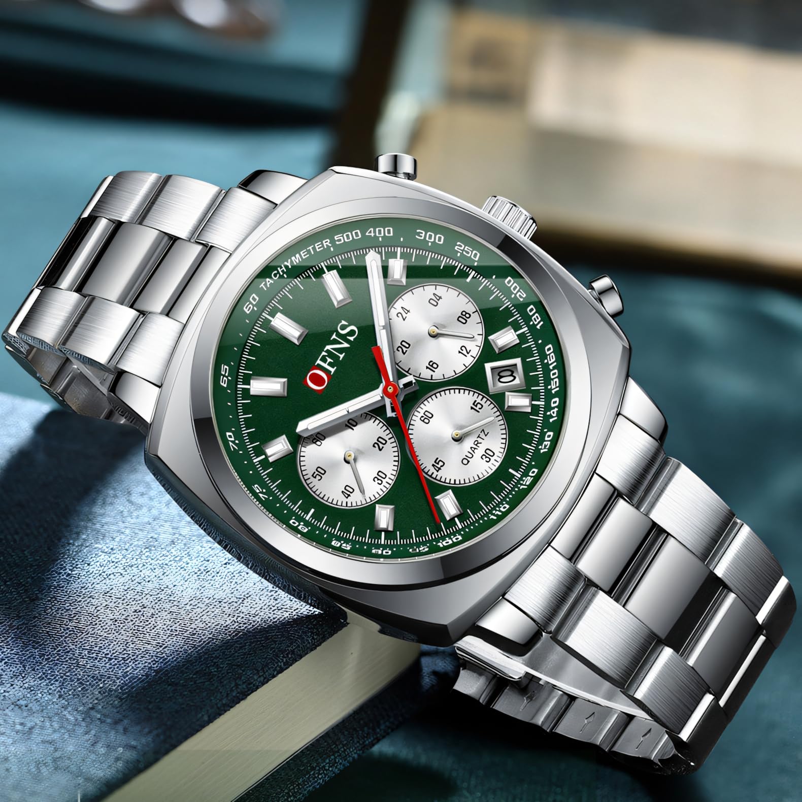 Reloj de pulsera de cuarzo para hombre, correa de acero, calendario, seis pines, tres ojos, impermeable, esfera cuadrada