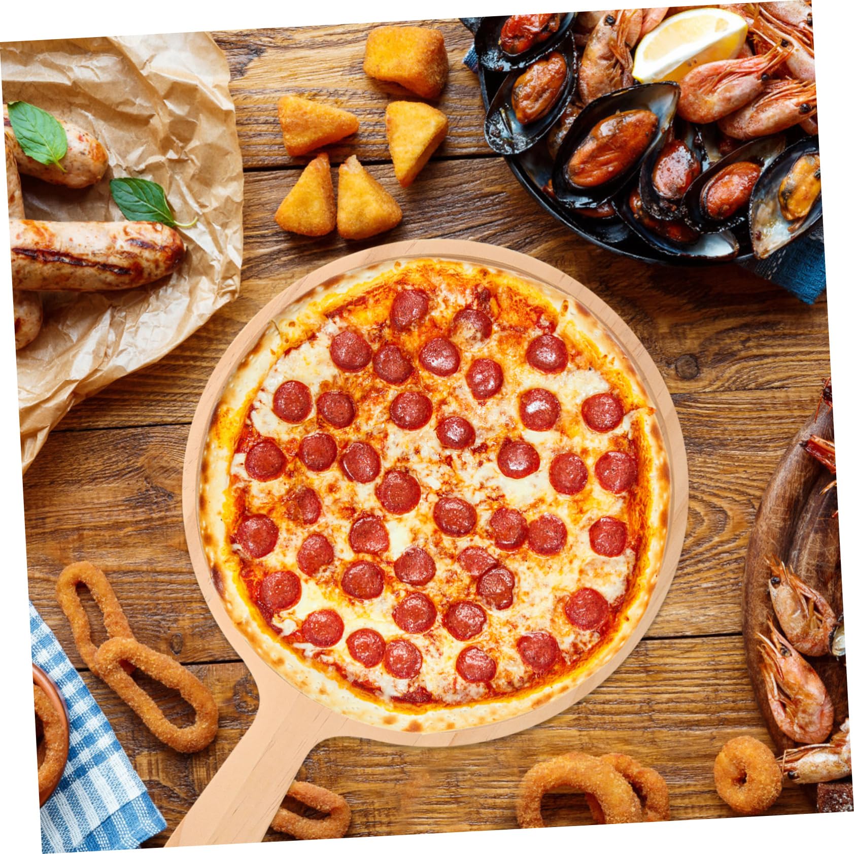 木製円形サービングボード 持ち手付き Amazon | Mikinona ピザカッティングボード（ハンドル付き）木製