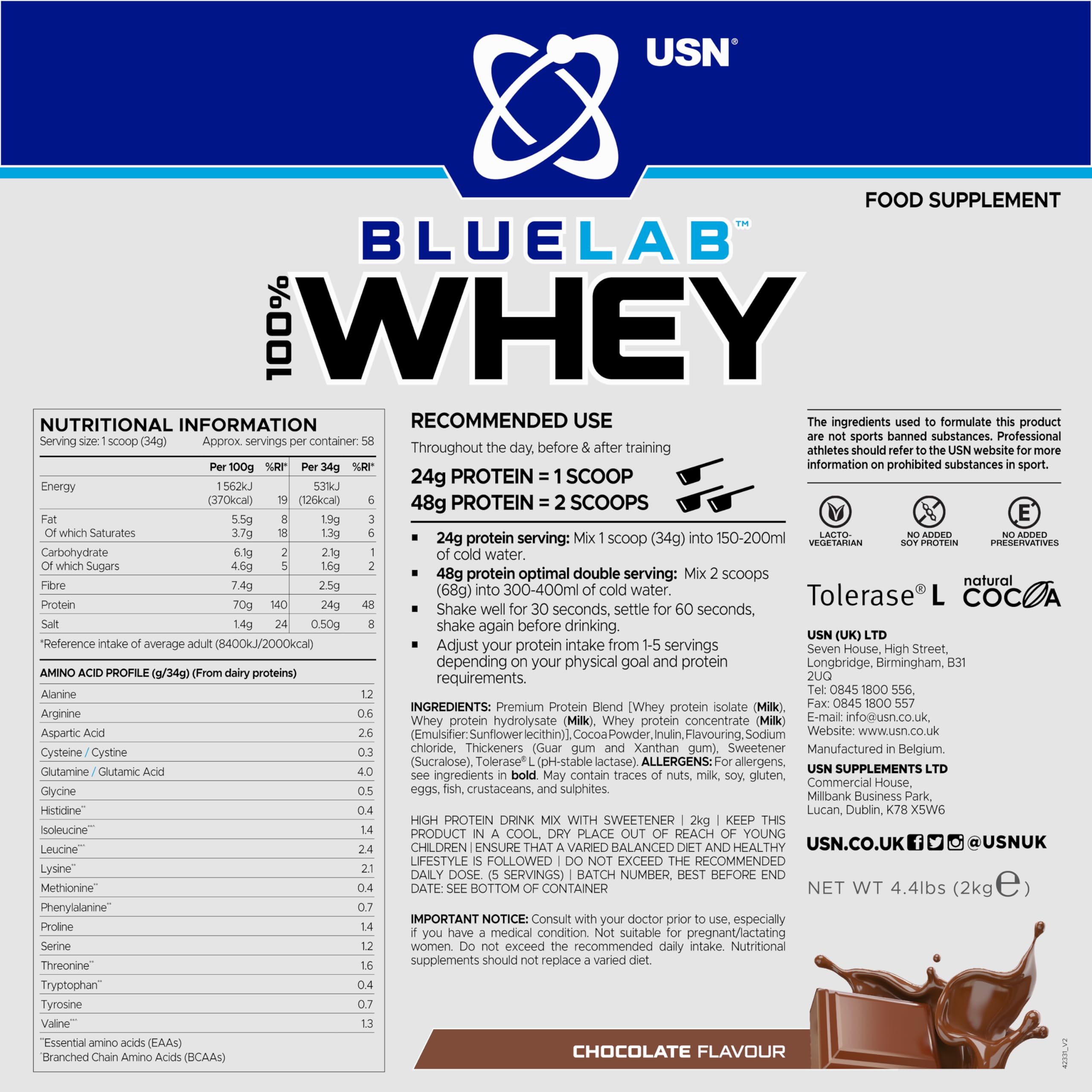 USN Blue Lab Whey Protein, Premium Molkenproteinpulver, wissenschaftlich entwickeltes Post-Workout Muskelaufbau Protein Pulver mit BCAAs, Schokolade, 2kg