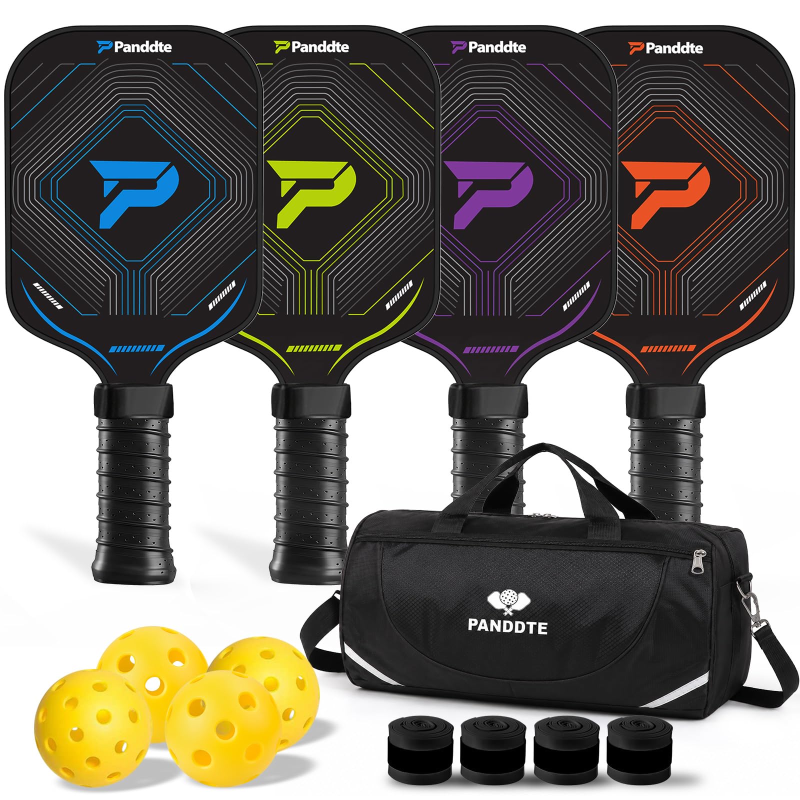 Palas de Pickleball, Juego de 4 de Fibra de Carbono Ligeras | Kit familiar, Pelotas para Interior y Exterior, Bolsa de Transporte, Overgrips Extra, Principiantes e Intermedios