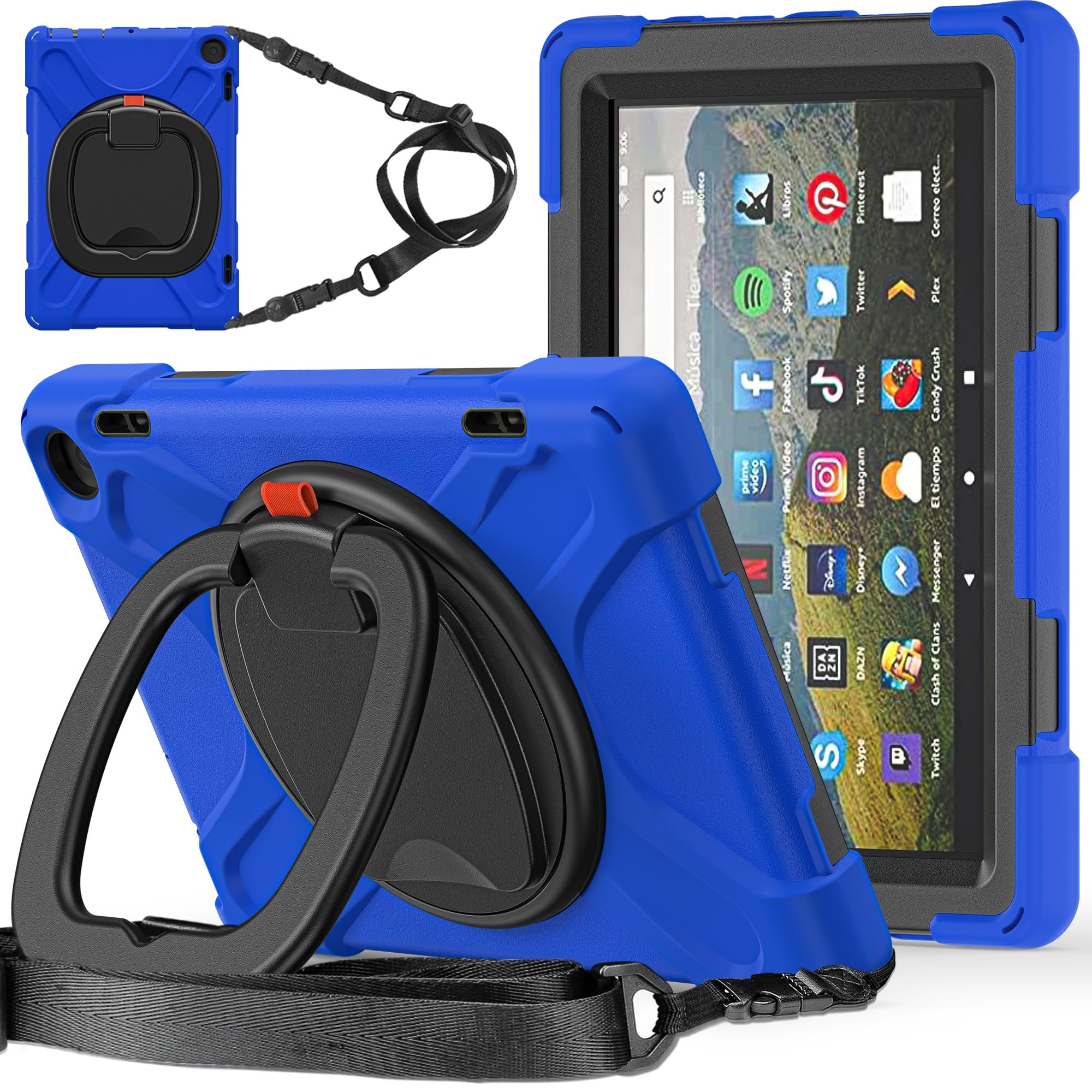 Kompatybilny z Kindle Fire HD 8 i Plus Etui na tablety wersji 2024/2022, 12. generacji/10. generacji, odporna wstrząsy, solidna obudowa obrotową podstawką 360 stopni, pasek rękę/ramię(Blu)