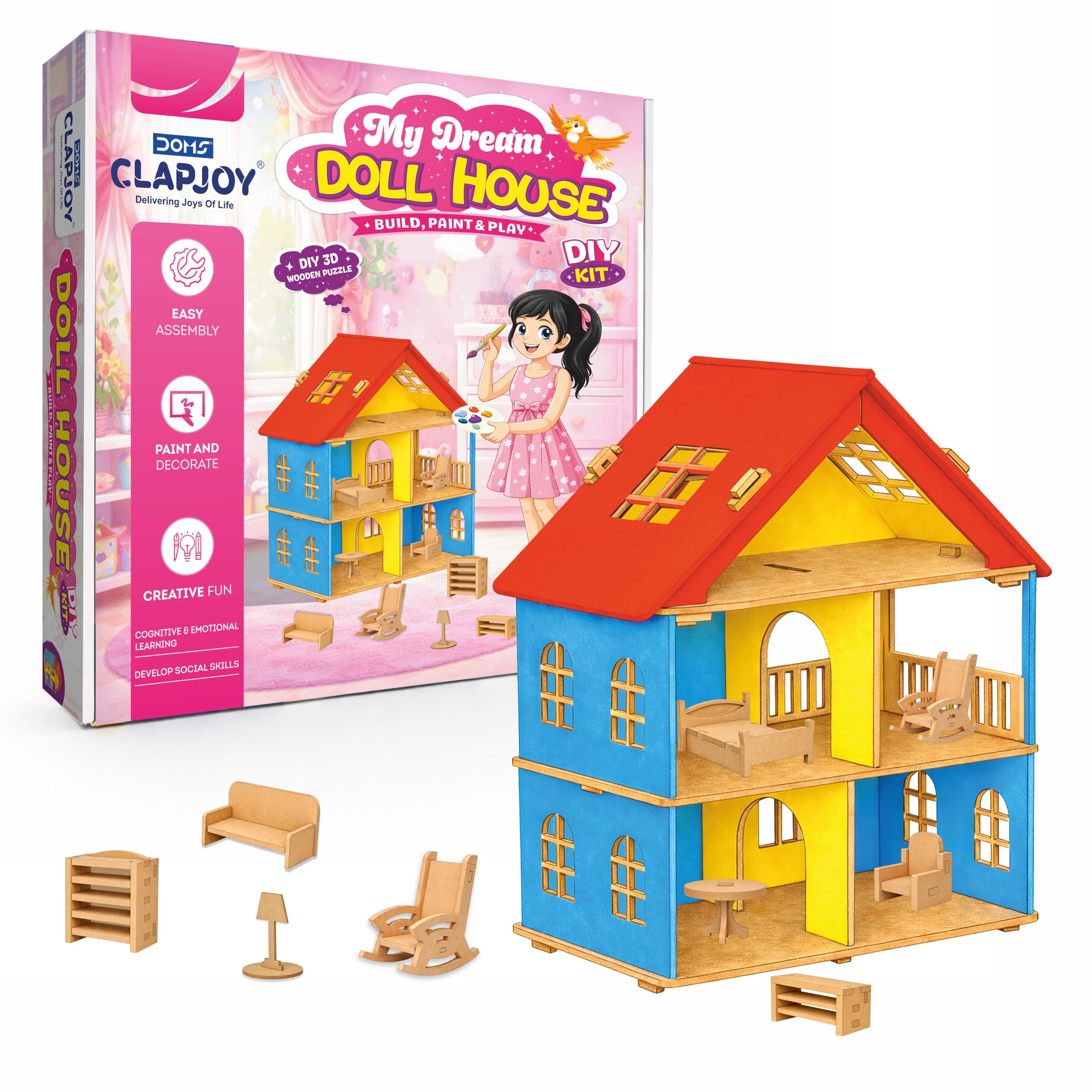 Clapjoy Big DIY Wooden Toy House Gift Kit with Miniature Furniture & Paint Set - Easy Assembly Doll House for Kids, Boys Girls 3 4 5 6 7 Year – Creative Play & Learning (Dolls House)