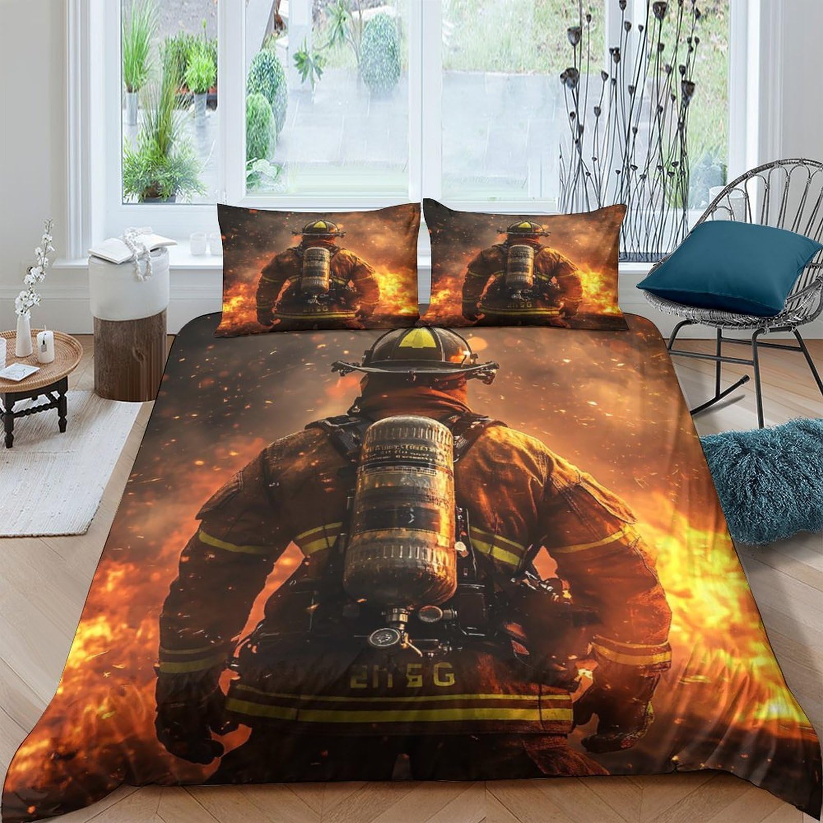 Ctjqhvkz Style-10 3D Printed Firefighter Flames Fitted Sheet Microfiber Soft Bed Cover Bedroom Dorm Decor Mattress Protection Single（135X200cm）