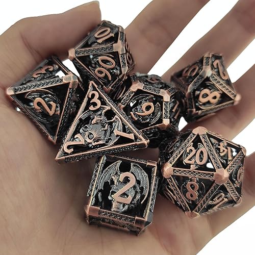 Miniatura 5 de AHDKEJG DND - Juego de dados D&D, 7 piezas de metal hueco de mazmorras y dragones poliedro con bolsa de dados de regalo, RPG, MTG, juego de rol,