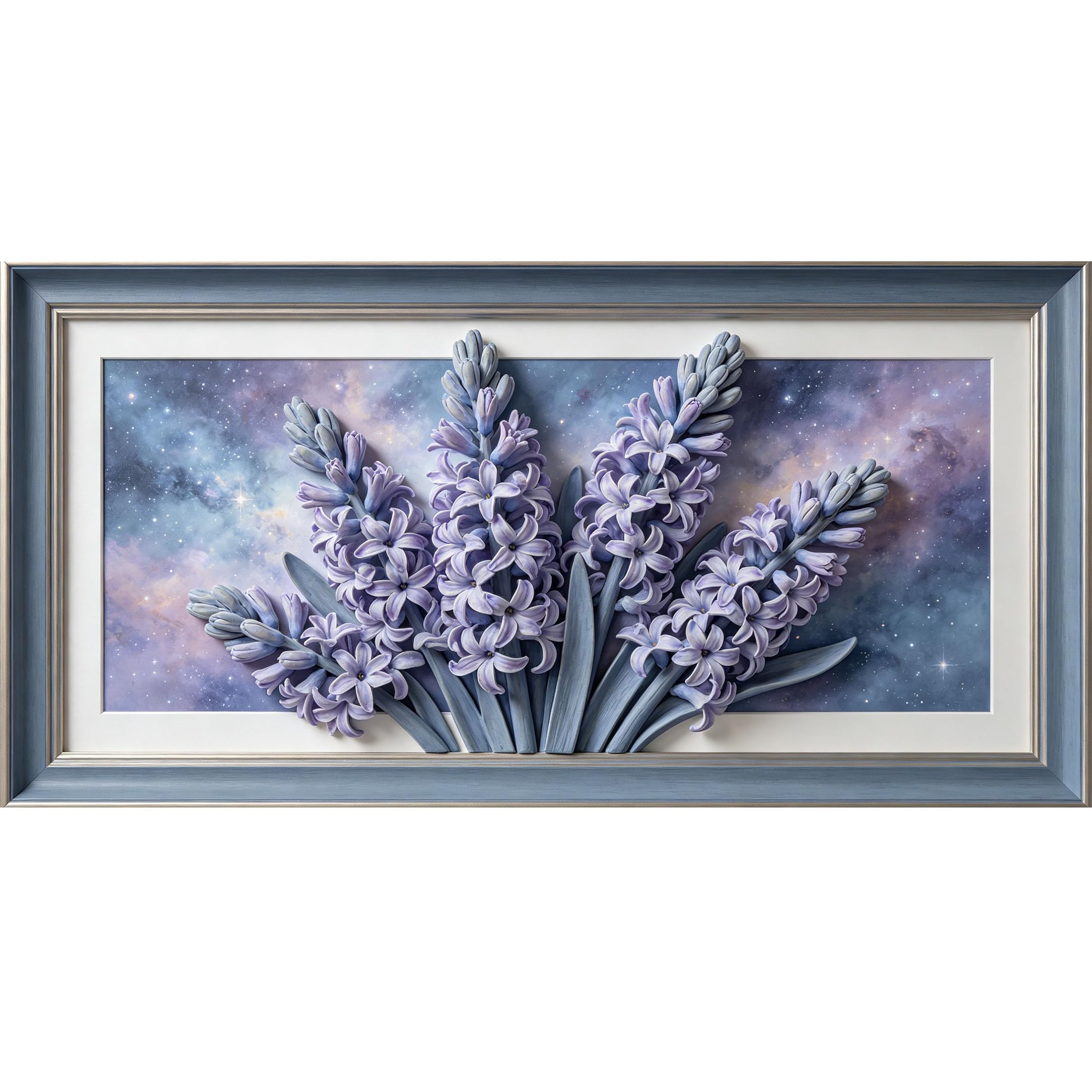 Agglomerix 3D Framed Wall Art Lavender Floral Botanical Galaxy Background Watercolor Relief Effect Large Size Self-Adhesive Removable Wall Decor Prints Artwork for Living Room Bedroom Office
