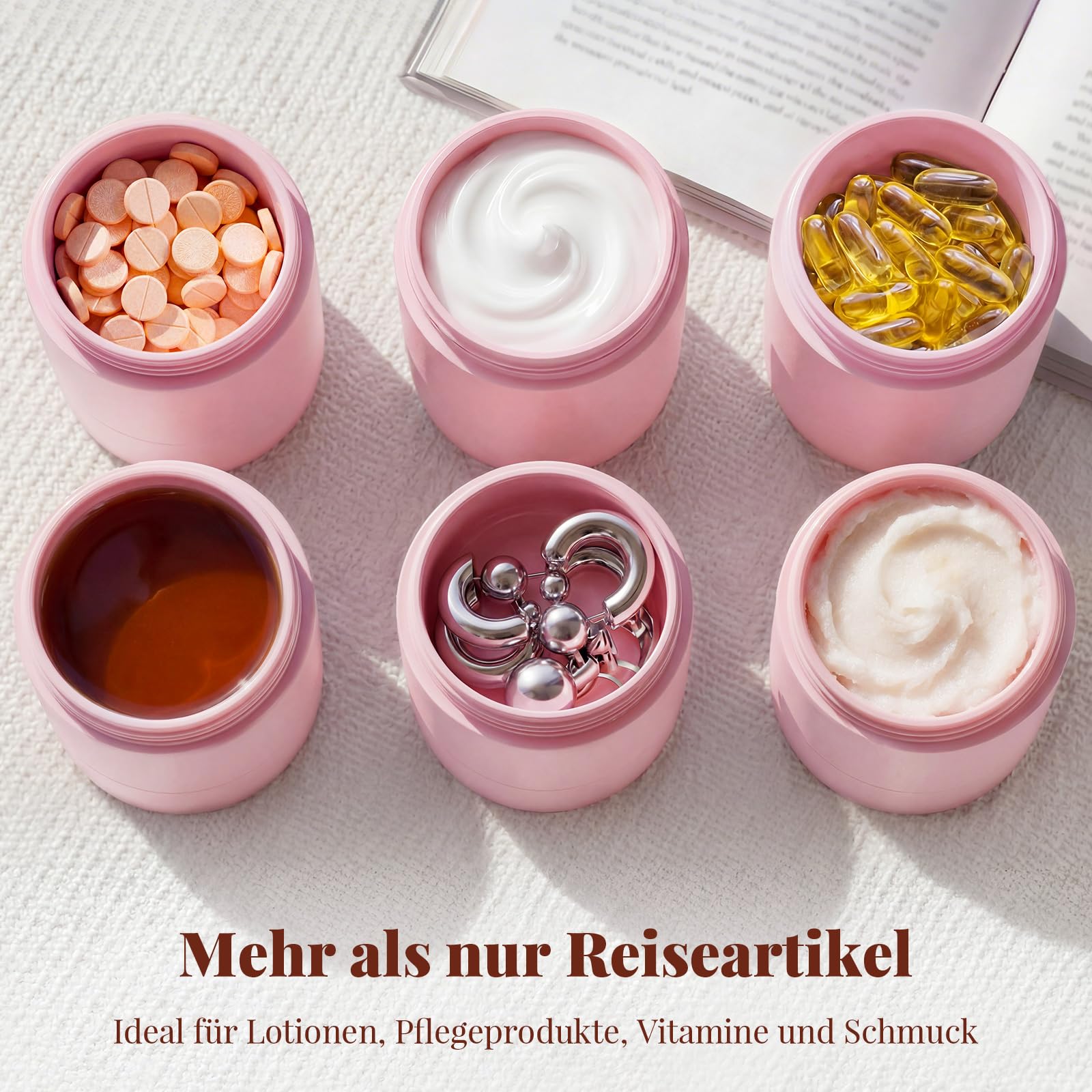 Reise-Toilettenbehälter auslaufsicher, TSA-zugelassene Reisebehälter aus PLA mit 5 magnetischen Etiketten, Weithals-Design, Rosa, 3er Set, 60 ml