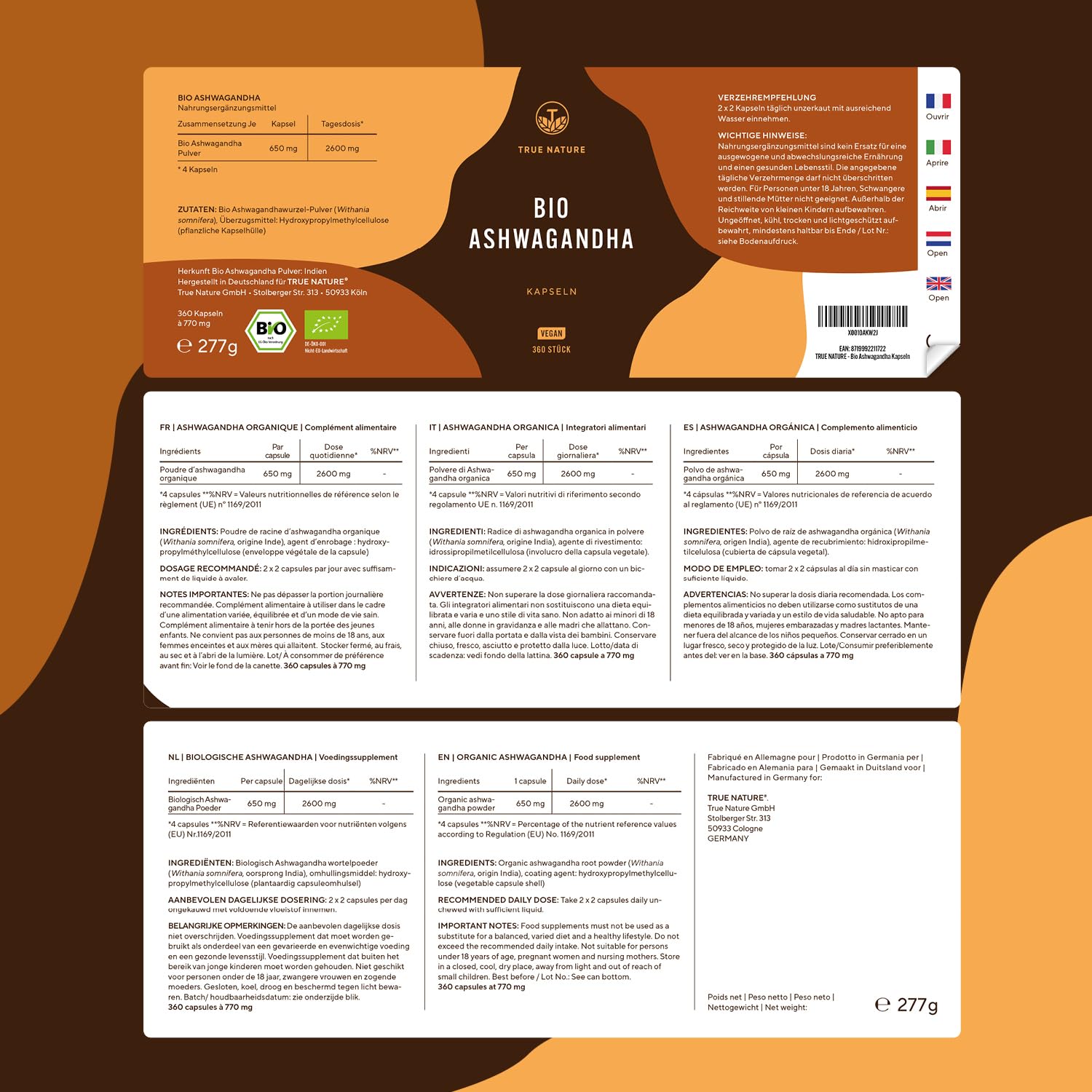 Ashwagandha Bio - 360 Kapseln - Bio Ashwagandha Kapseln hochdosiert - 2600mg - reines Wurzelpulver mit naturbelassenem vollem Nährstoffprofil (nicht extrahiert) - Indische Schlafbeere - TRUE NATURE