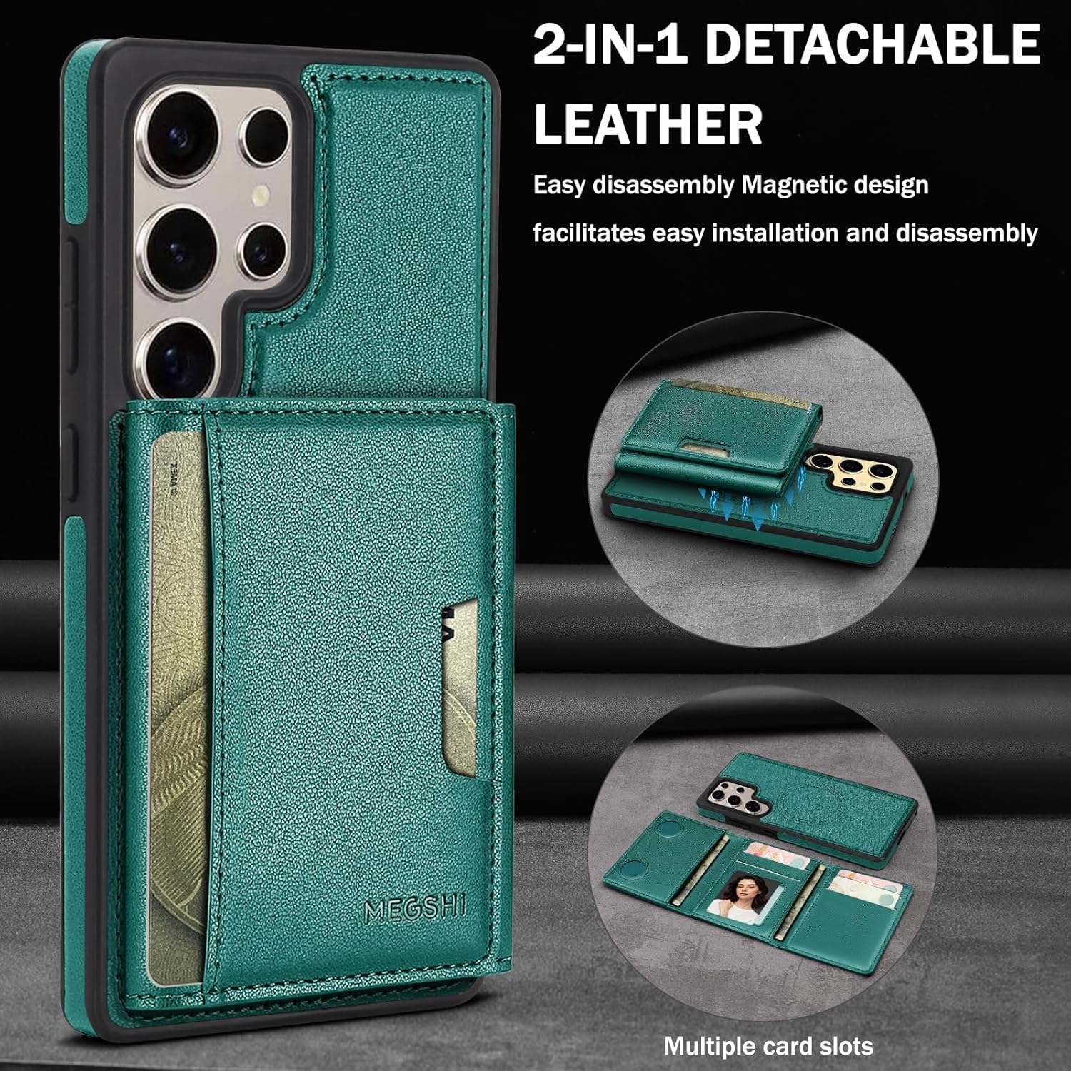 for Samsung Galaxy S25 Ultra Wallet Case, 2-in-1 Detachable Magnetic Wallet Case, Card Holder RFID Blocking, Fashionable Faux Leather Card Slot & Folding Design (Green)