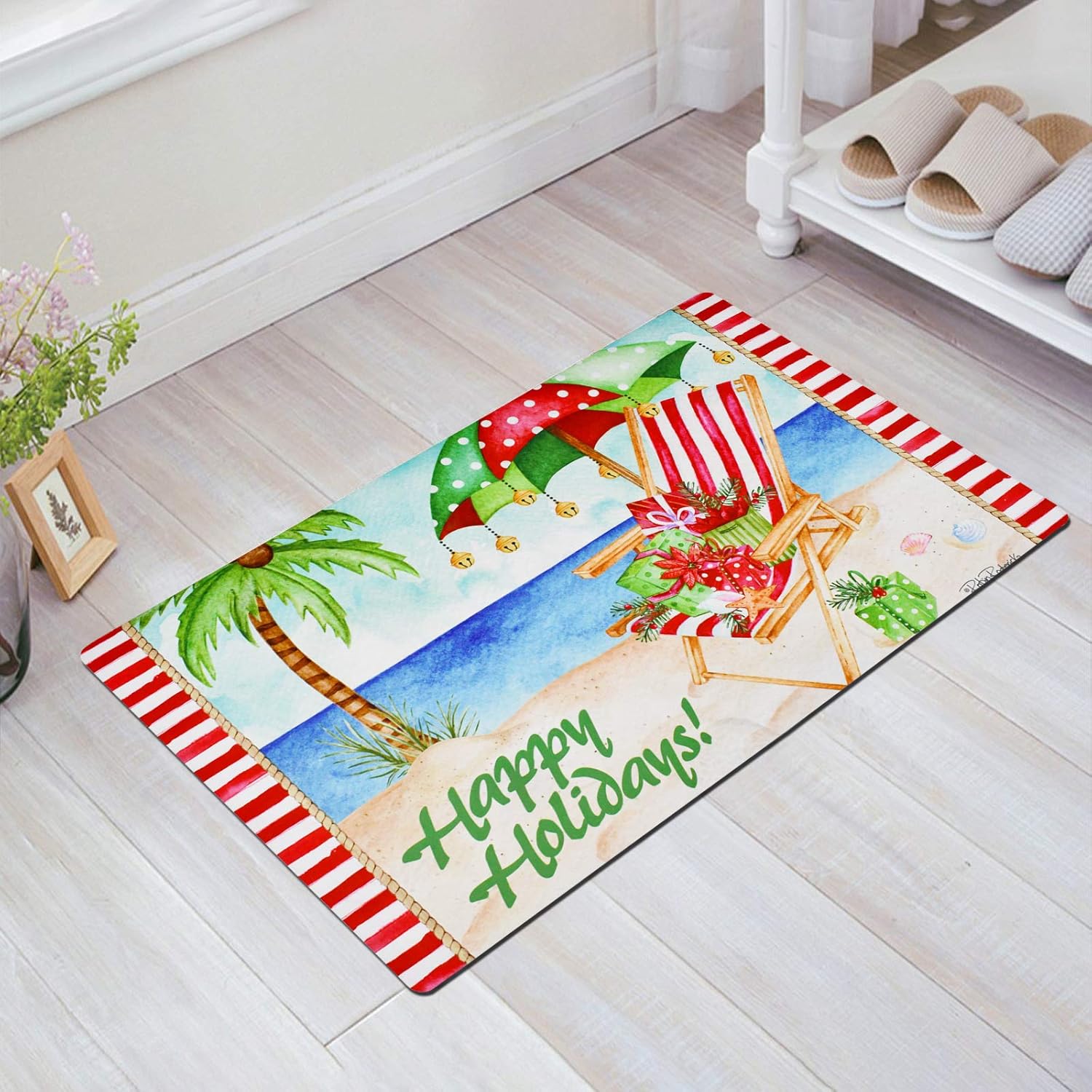 E-view Christmas Mat Decorative Holiday Rugs Indoor Outdoor Rubber Back Front Door Welcome Mats Winter Ocean Themed Doormats for Porch Entrance Entryway (Happy Holiday A)