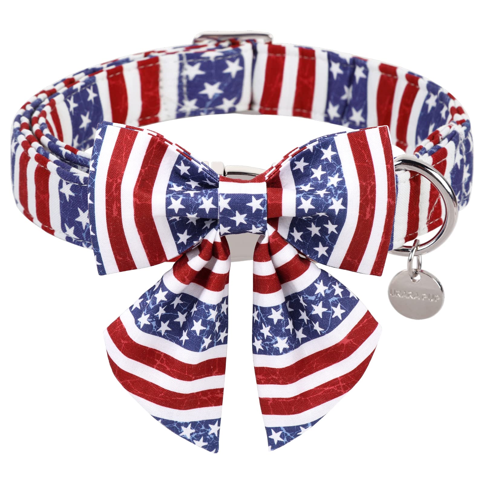 UP URARA PUP Patriotic Dog Collar with Bow Tie, 4th of July Bowtie Dog Collar, American Flag Collar for Large Boy Girl Dog, Comfortable Summer Bowtie