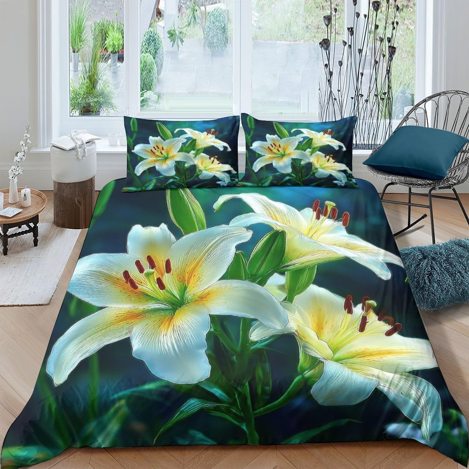 Ctjqhvkz Style-8 3D Printed White Lily Flower Fitted Sheet Microfiber Soft Bed Cover Green Botanical Pattern For Bedroom Decor Single（135X200cm）