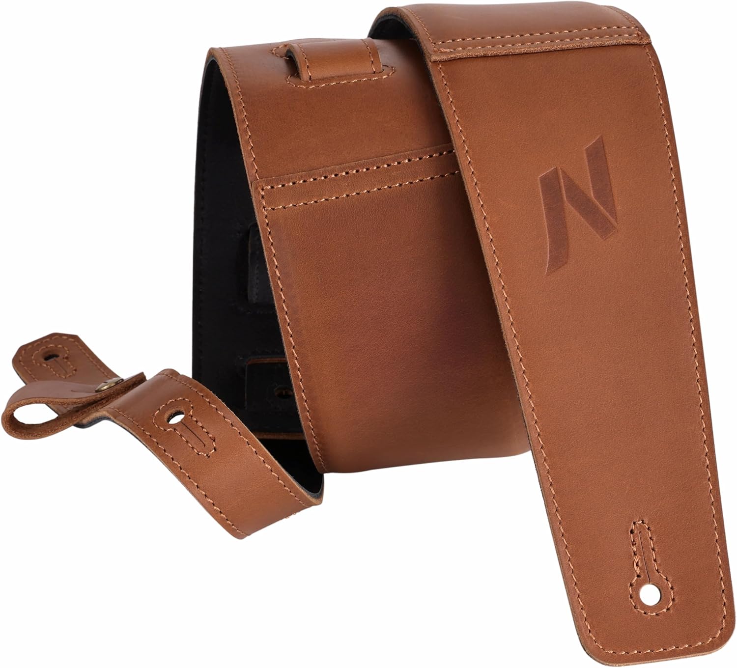 Nefelibata 3" Guitar Strap in First Layer Leather with Foam Padding and Cable Storage Loops for Bass, Electric and Acoustic Guitars (Light Brown)