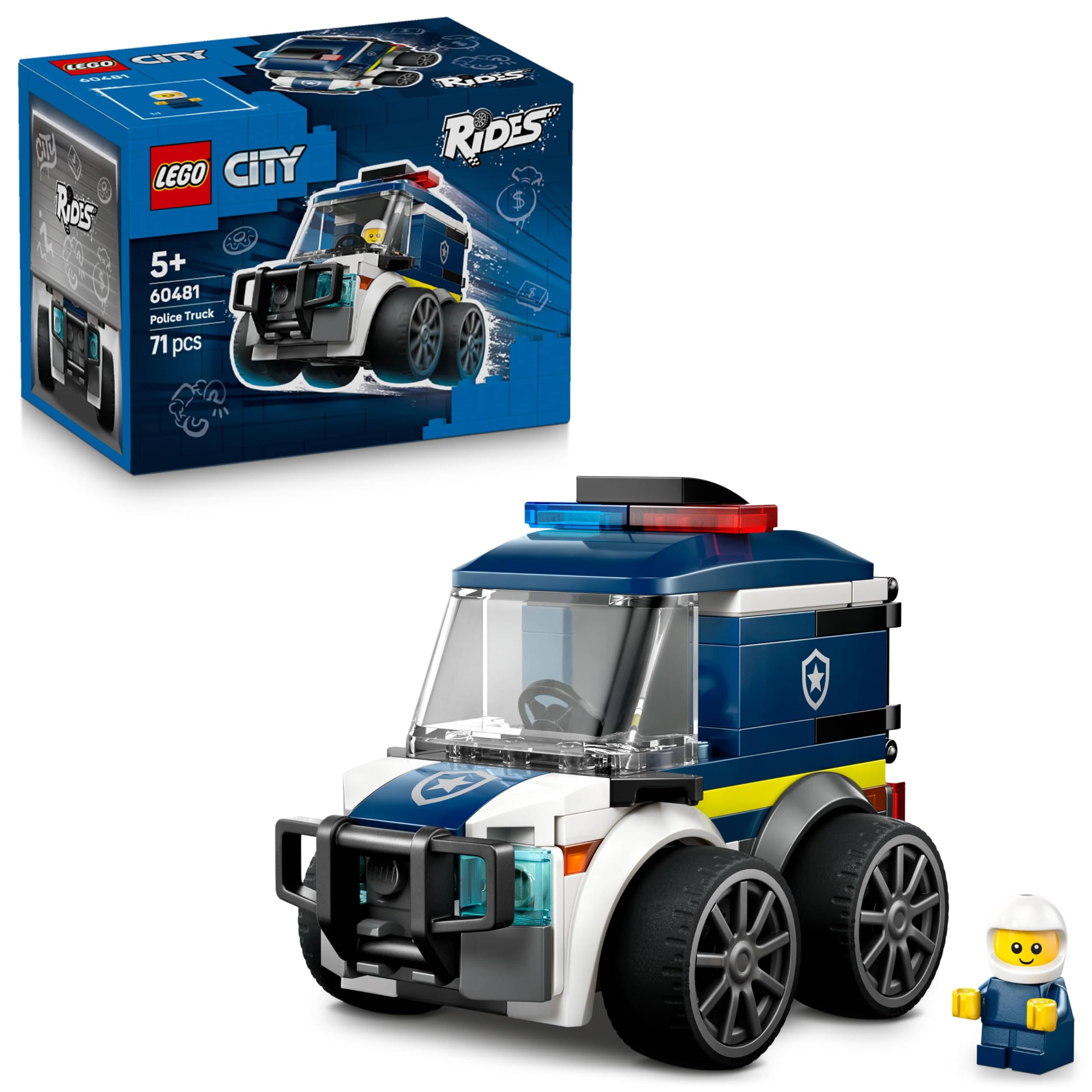 LEGO City Rides – Police Truck Toy - Emergency Vehicles Building Set w/a Police Officer Junior Minifigure - Party Bag Fillers - Small Collectible Gift for 5+ Year Old Boys - 60481
