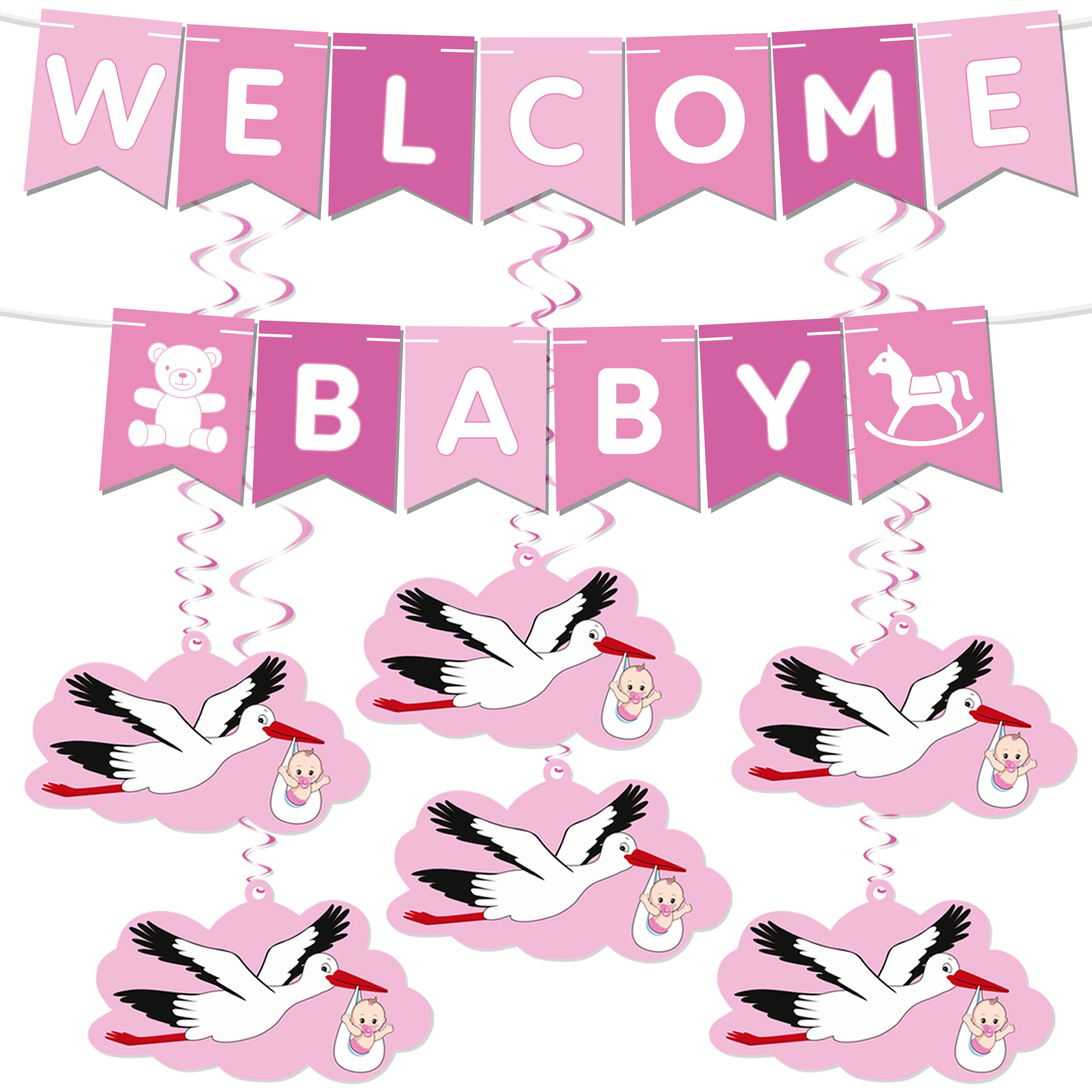 BRUBAKER Welcome Baby Garland for Boys and Girls - Pennant Banner with Stork Pendants and Decorative Swirl Spirals - Welcome Decoration Set for Home, Baby Party and Baby Room Decoration – Pink