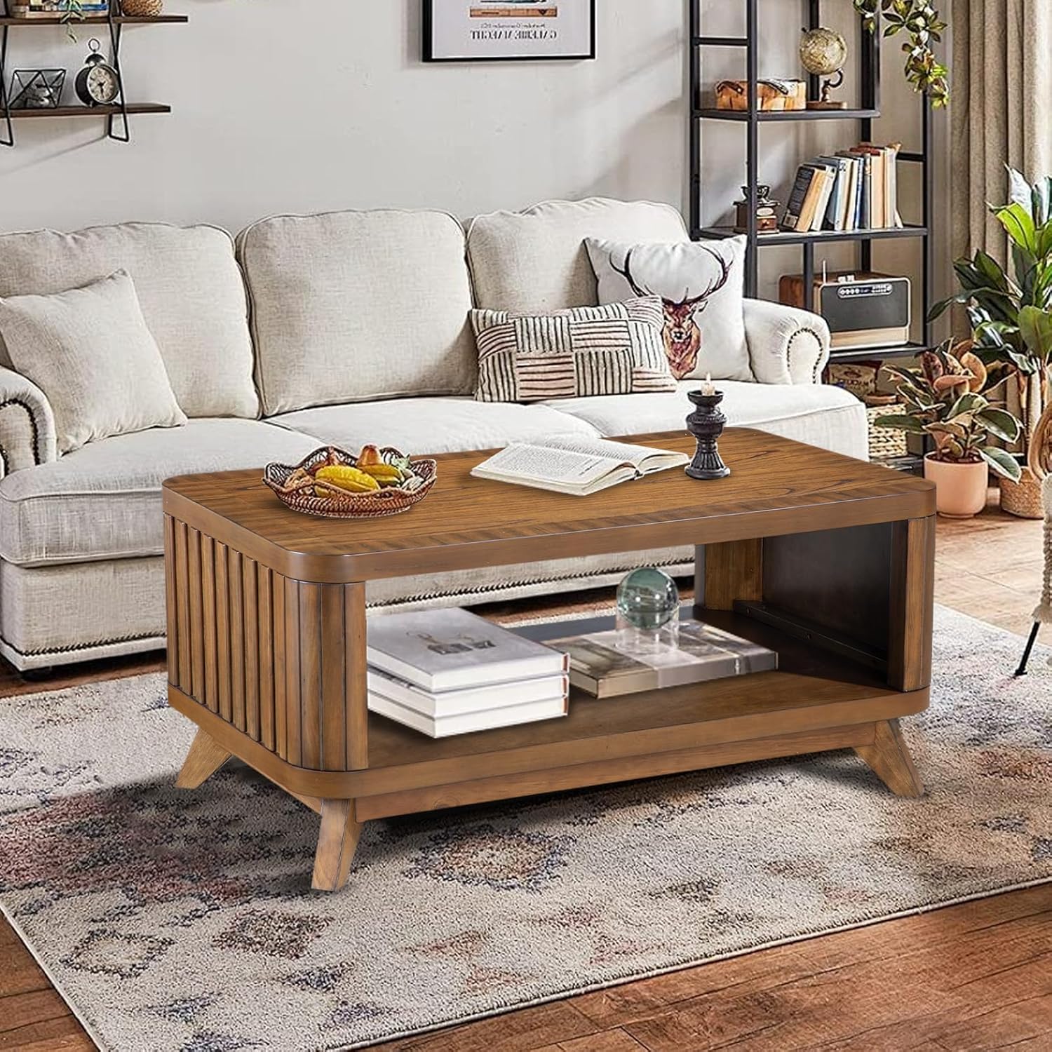 LKTART 41.5" Rectangular Coffee Table, Modern Farmhouse Wood 2-Tier Fluted Coffee Table Center Table Tea Table with Solid Wood Legs Storage Shelf Rounded Corners for Living Room(Walnut)