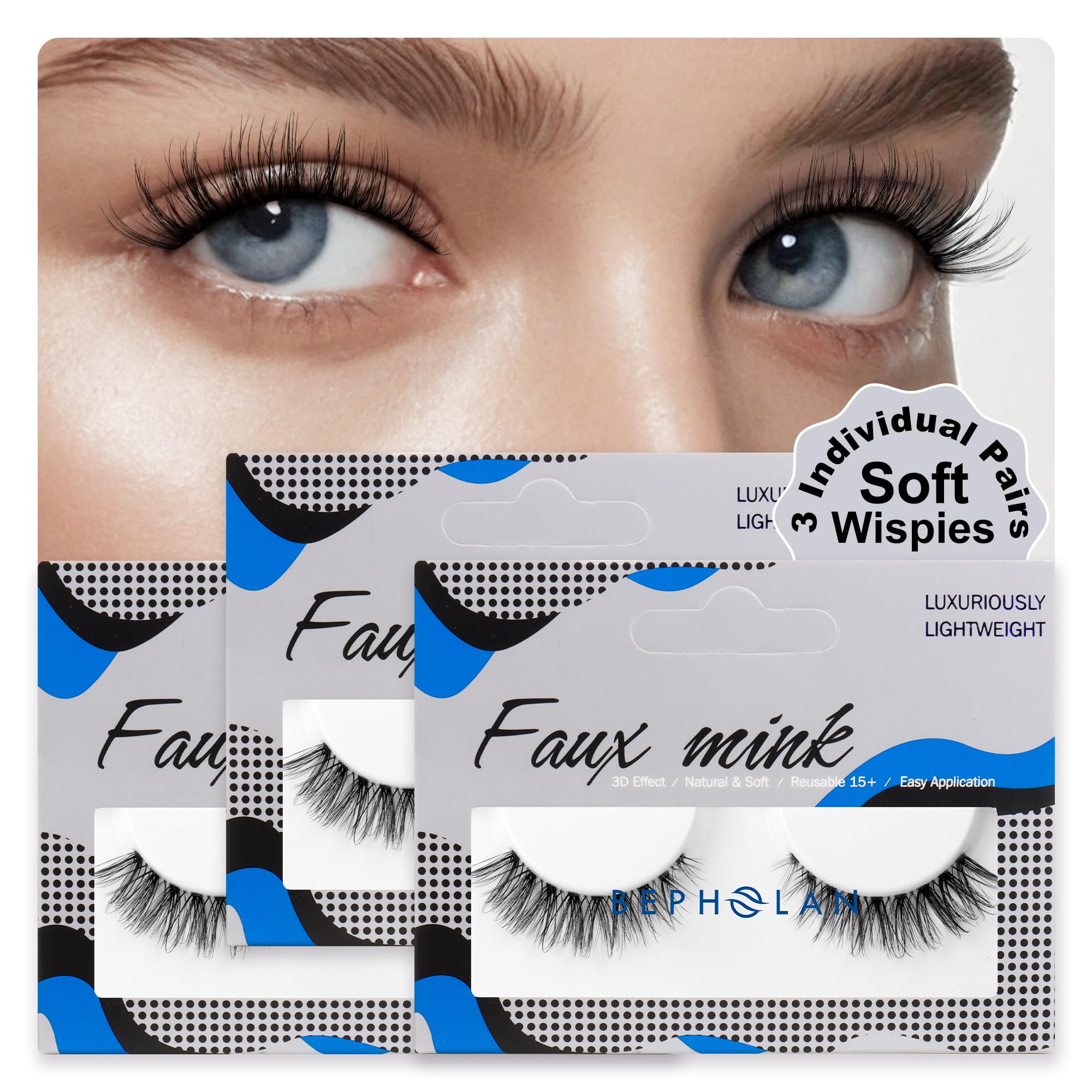 Bepholan False Eyelashes Natural Look Wispy Eyelashes 3D Fluffy Fake Eye Lashes Soft Band Easy to Apply 3 Pair Faux Mink Strip Lashes(M01)