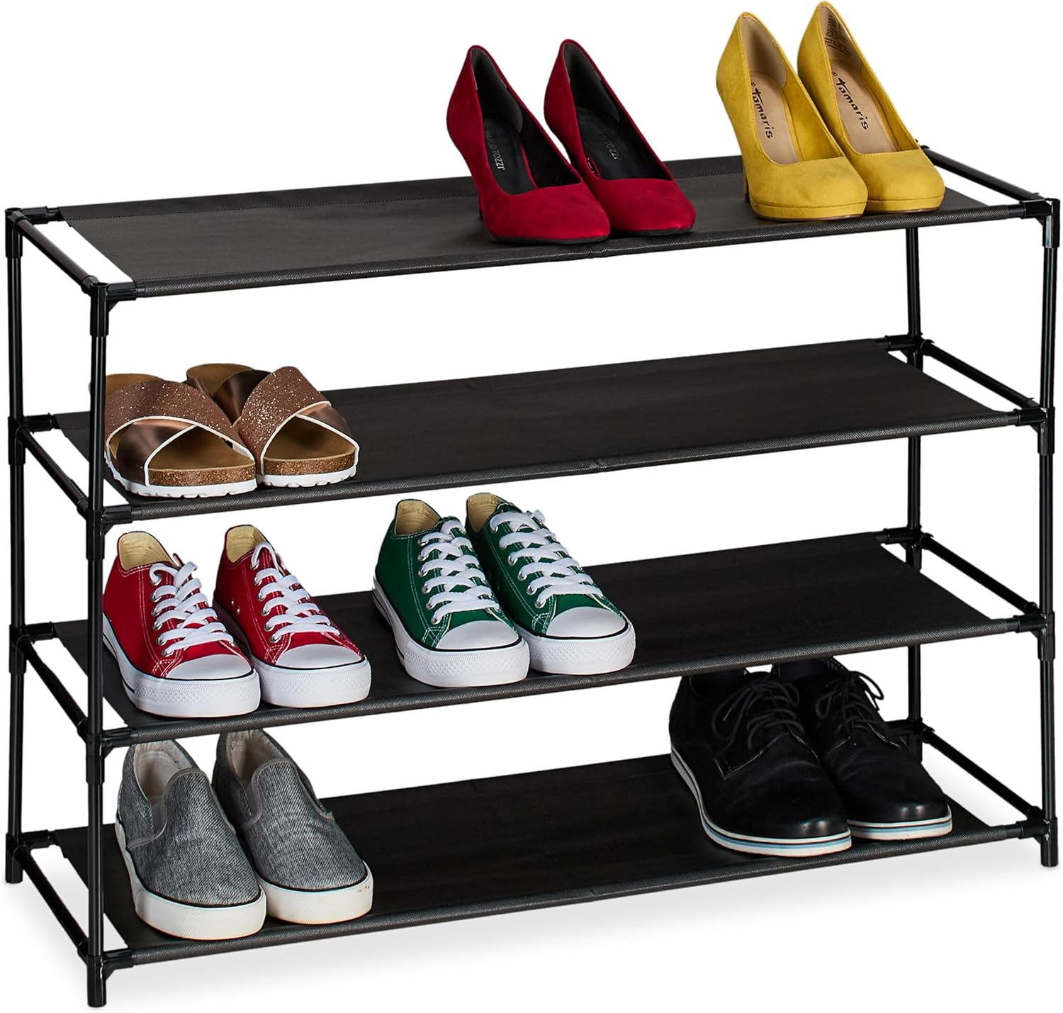 Relaxdays Shoe Storage, 4 Tiers, Metal Frame & Fabric Tiers, for Entrance, Black