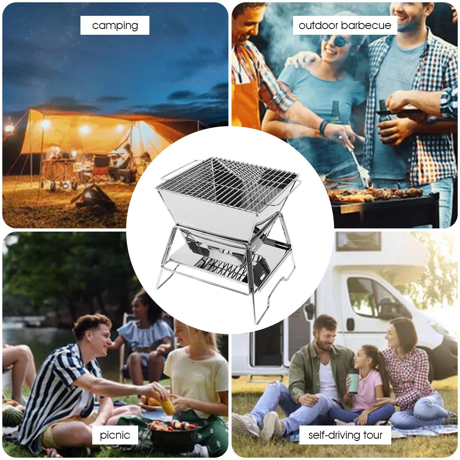 Mini stufa a legna da campeggio, griglia a legna, in acciaio inox, pieghevole, per barbecue e patio, design portatile e pratico per avventure all'aperto