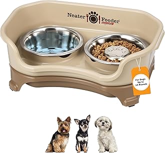Neater Feeder Express Mess Proof Dog Bowls Elevated for Small Breeds Under 15 Lb, Made in USA, No Spill Raised Dog Food Bowl Stand, Stainless Steel Slow Feed and Standard Water Bowl Set, Cappuccino