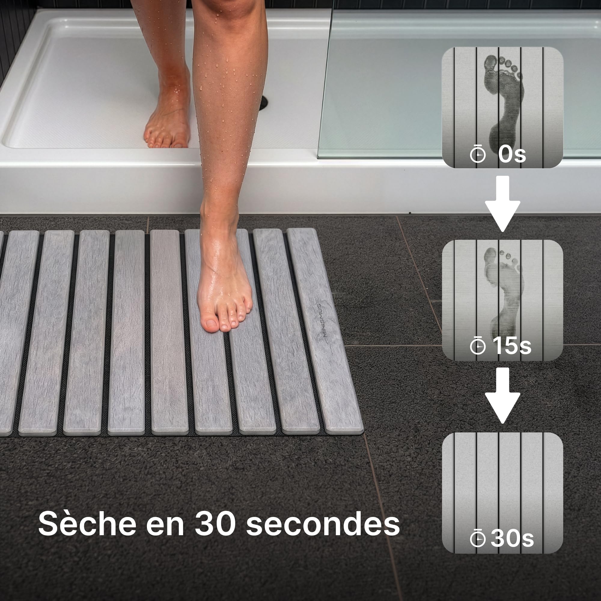 Minismus Tapis de Bain Enroulable en Diatomite 60x40cm- Tapis Pierre Absorbante et Antidérapant - Tapis de Douche Séchage Rapide Sortie de Douche (Gris Clair)