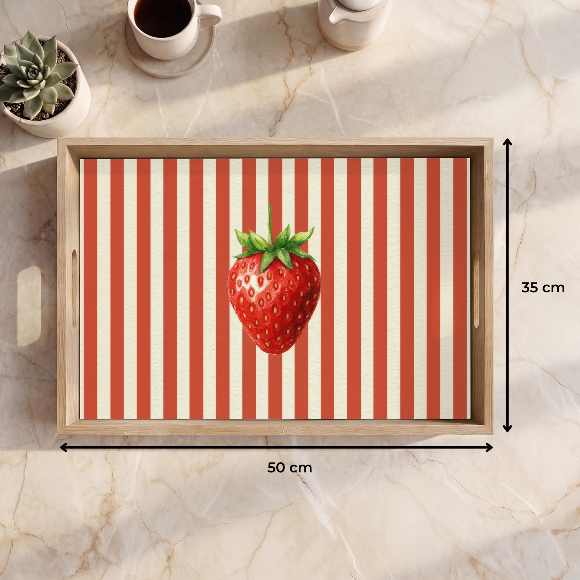 Holztablett Rechteckig 50x35 cm Küchentablett Servier Tablett Eiche Serviertablett Holz Servierplatte Mit Henkel Tray Kaffeetablett Erdbeere - Streifen - Rot