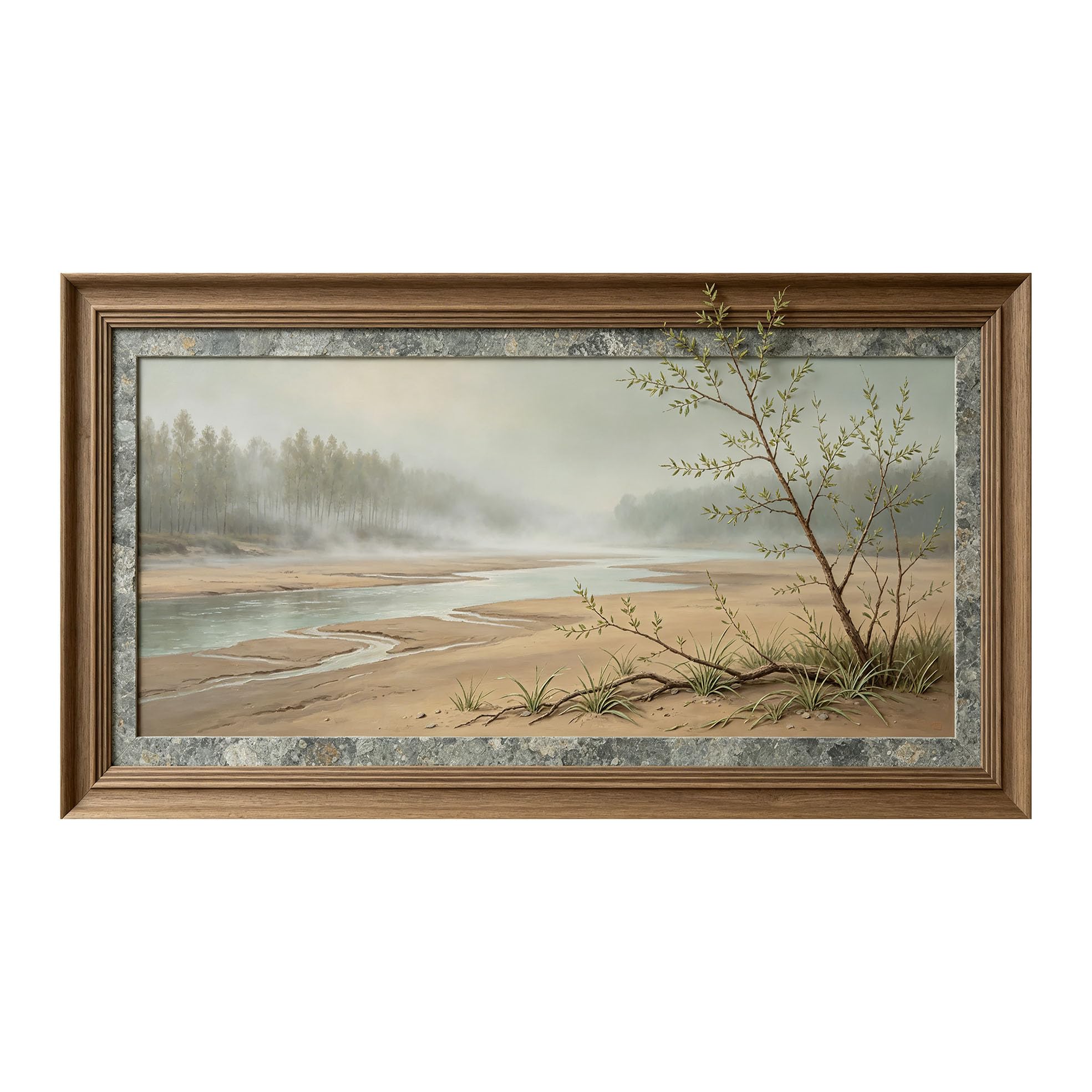 Yzpallescene 3D Framed Wall Art 50cm×100cm Misty River Seascape Panoramic Oil Painting Large Size SelfAdhesive Removable Wall Decor Prints Artwork for Living Room Bedroom Office