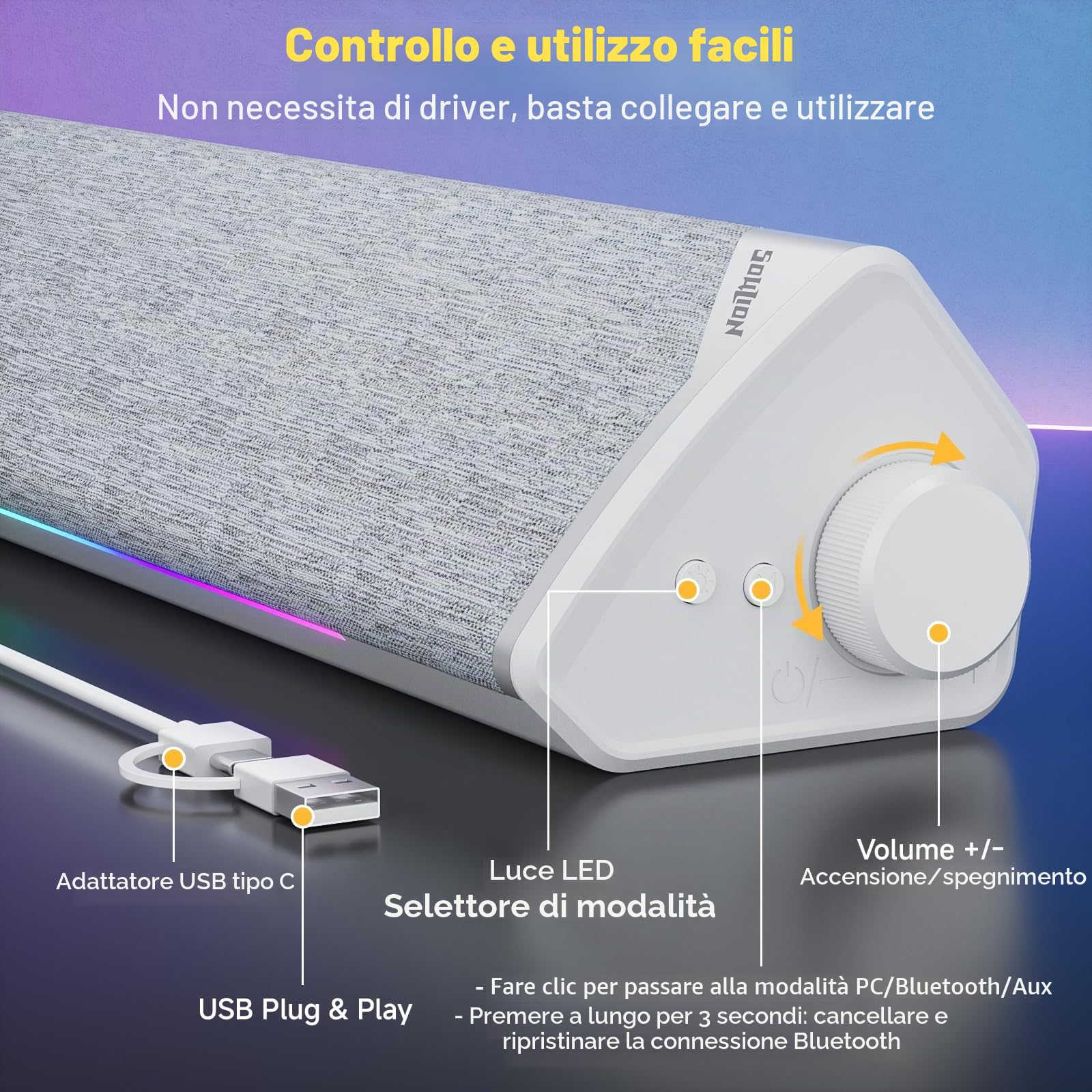 SOULION R60 Casse USB Bluetooth RGB Soundbar Bianco per PC, Portatile, Gaming, Monitor, Altoparlante Stereo 12W, Alimentazioni USB, con Aux Jack 3.5mm, Design del tessuto di moda
