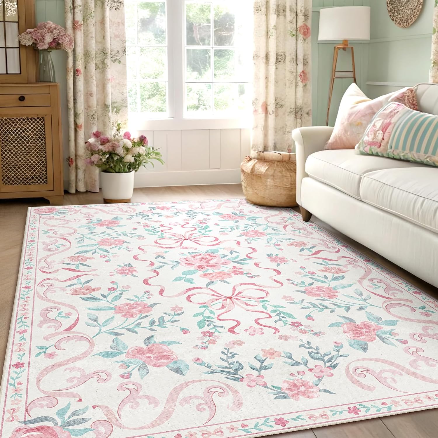Pink Rug Bow Floral Rug 3x5, Washable Boho Area Rugs Non Slip Low Pile Carpet for Girls Room Bedroom, Bedside, Kitchen, Entryway, Kids Room, Soft Ultra-Thin Indoor Elegant Rugs 3' x 5' (Rectangular) Aa#pink (Bow Floral)