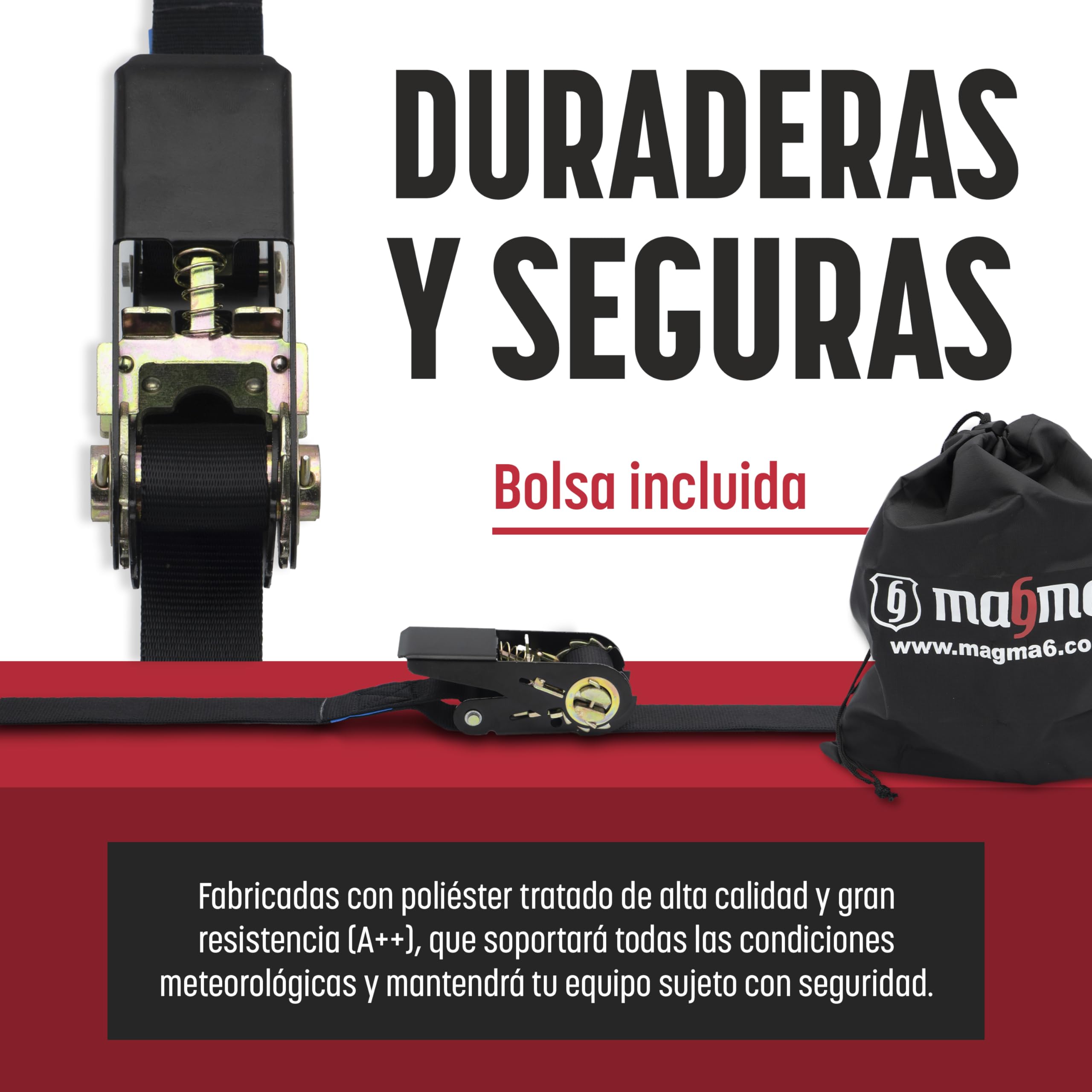 MAGMA 4 Correas de Trinquete 3,5m, 800Kgf/unit. Cinchos, Cinchas de Amarre, Eslingas con Carraca, Remolque Baca Kayak Tabla de Surf Piraguas Canoa Bicicleta Moto, Longitud Ajustable. Negro — view 2