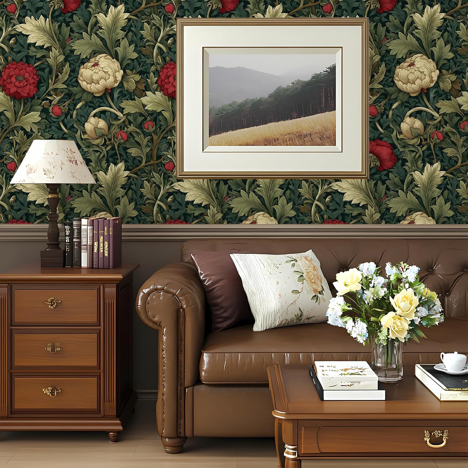 Peel and Stick Boho Art Woody Wallpaper Botanical Leaf Removable Floral Textured 17.7" x 118.11" Wall Paper Watercolor Self Adhesive Contact Paper for Classroom Bedroom Laundry Room Bathroom