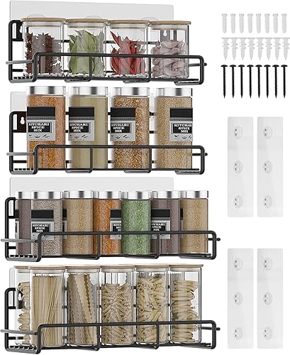 Paquete de 4 organizadores de especias de montaje en pared, para almacenamiento y organización de puertas de despensa de cocina, estante de especias